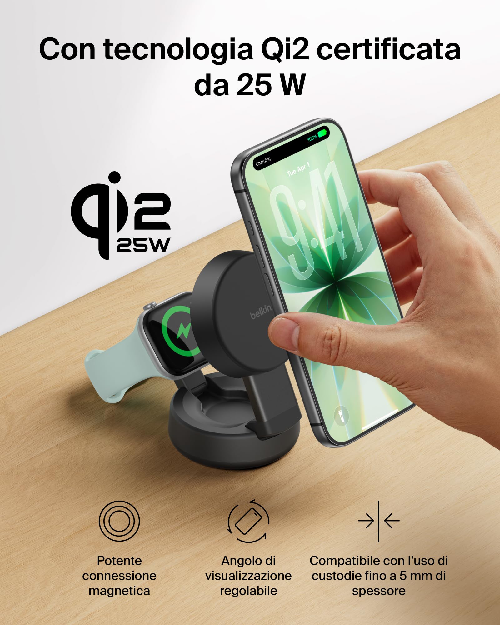 Belkin UltraCharge Pro Caricatore Wireless Qi2 25W 2 in 1 - Nero | Caricatore Wireless Magnetico Convertibile MagSafe, Certificato Qi2.2 per iPhone, Apple Watch, Auricolari, Alimentatore 45W