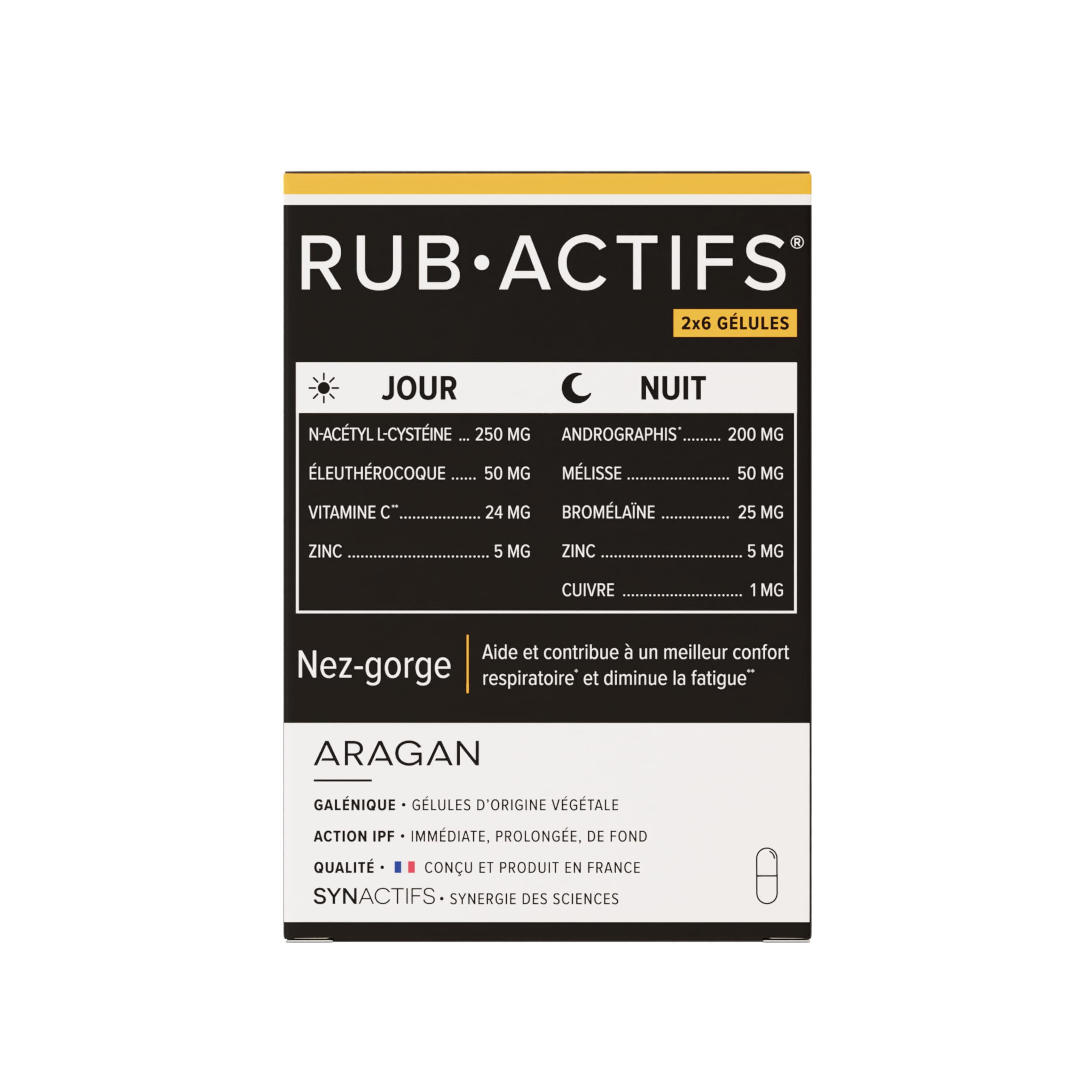 Rub Actifs - Confort Respiratoire JOUR et NUIT - Réduit La Fatigue & Favorise Le Sommeil - NAC N-​Acetyl-​Cysteine, Vitamine C, Zinc, Melisse, Cuivre - Aragan - Programme 6 Jours