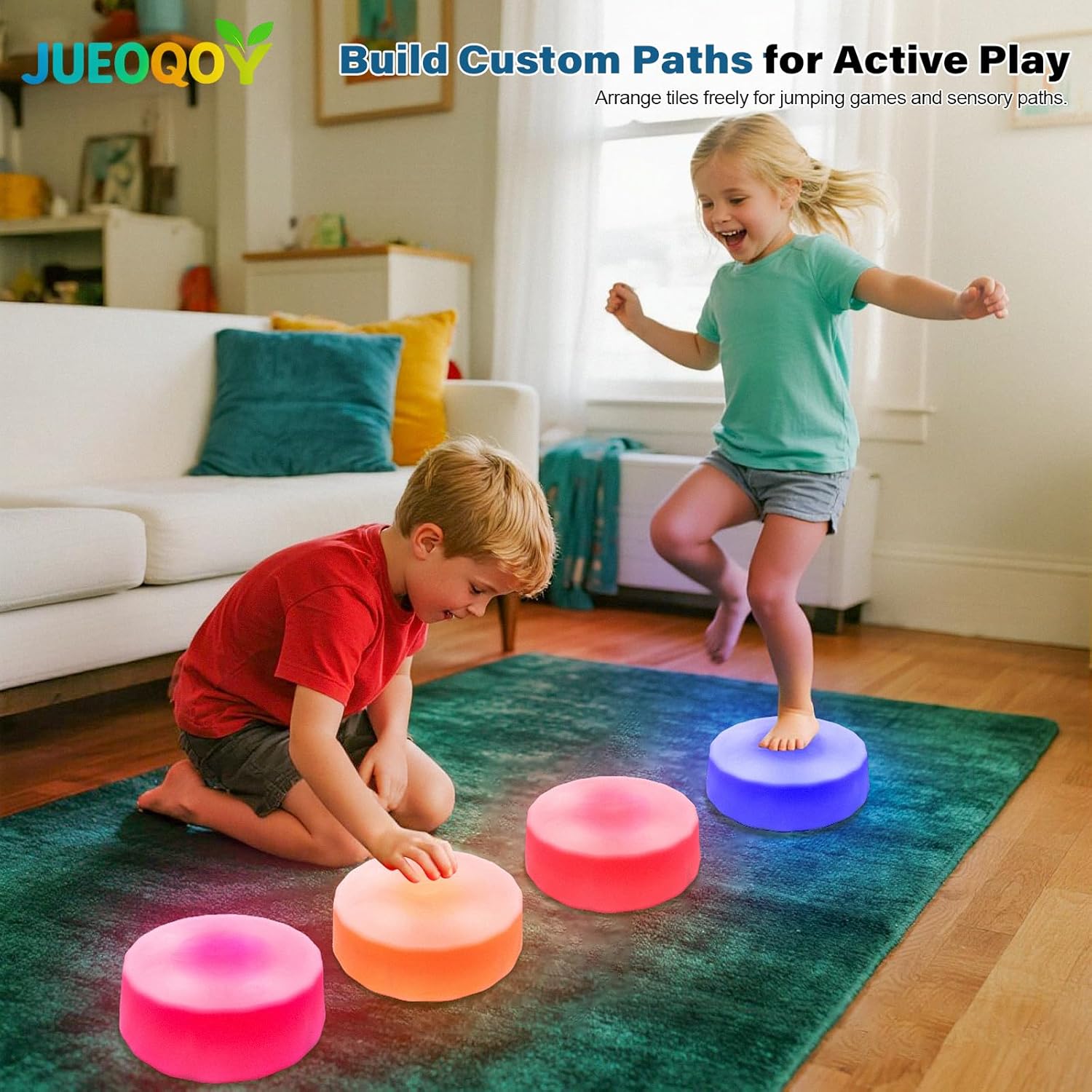 Light Up Stepping Stones for Kids Ages 3+ – LED Balance Stepping Stones with Step Activated Lights for Sensory Play, Obstacle Course, Indoor Outdoor Active Play (4 Pack)