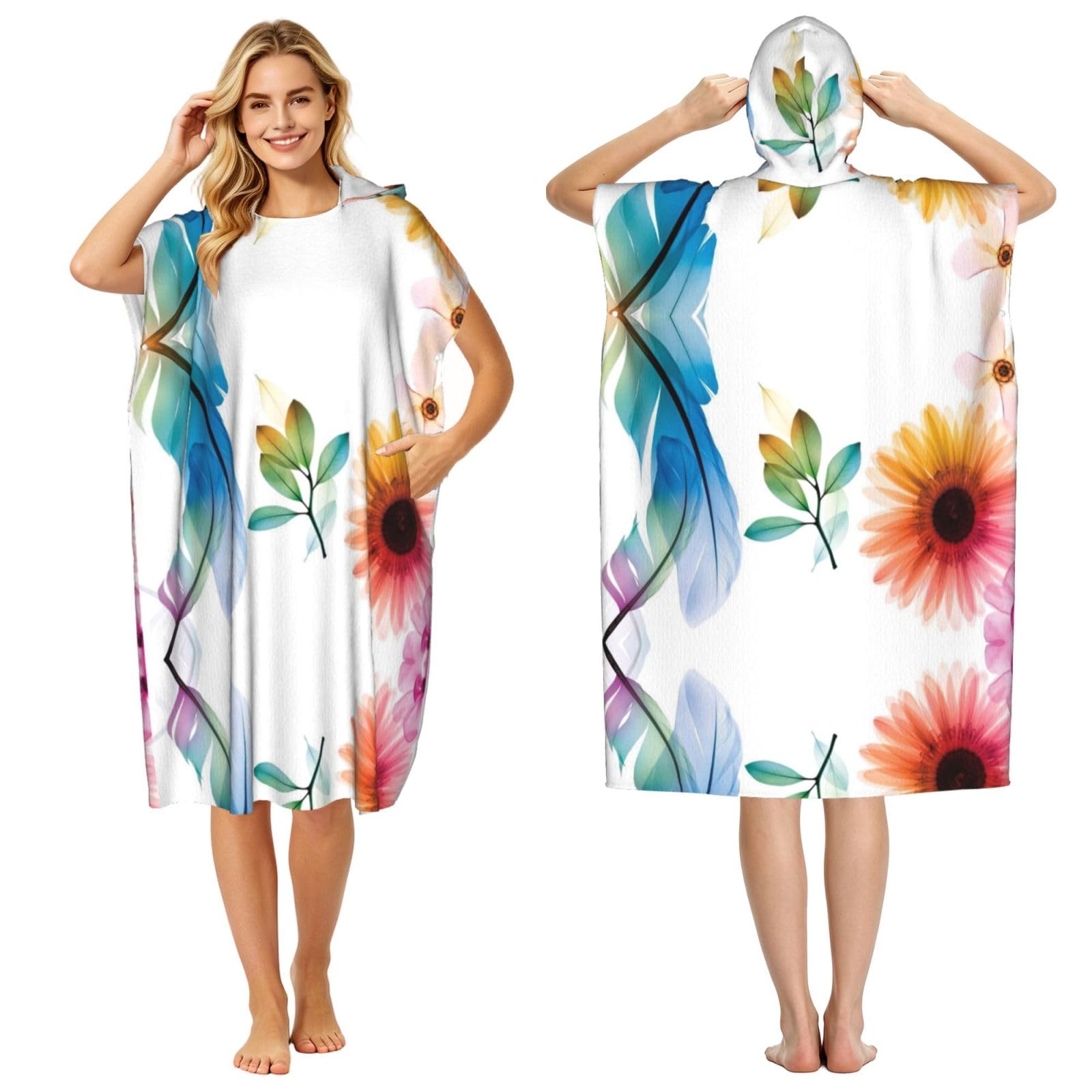EZDLOWVBA Flower Leaves Color Print Hooded Poncho Microfiber Beach Towel,Adult Women & Men Changing Robe,Lightweight Summer Surf Swim Bath Poncho Towel