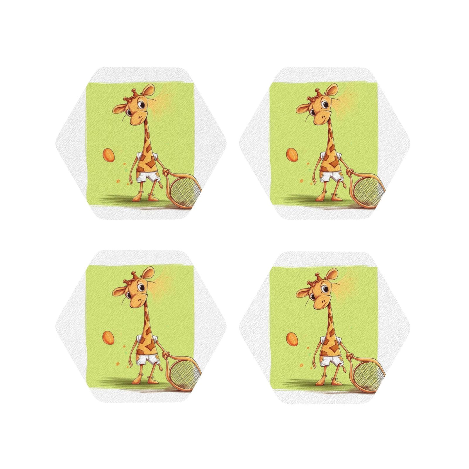 4pcs Drink Coasters for Tabletop Protection, 4" Leather Coasters for Drinks, Giraffe Playing Tennis Cup Coasters for Coffee Table Decor, Non-Slip Drinking Cup Mat for Hot Or Cold Drink