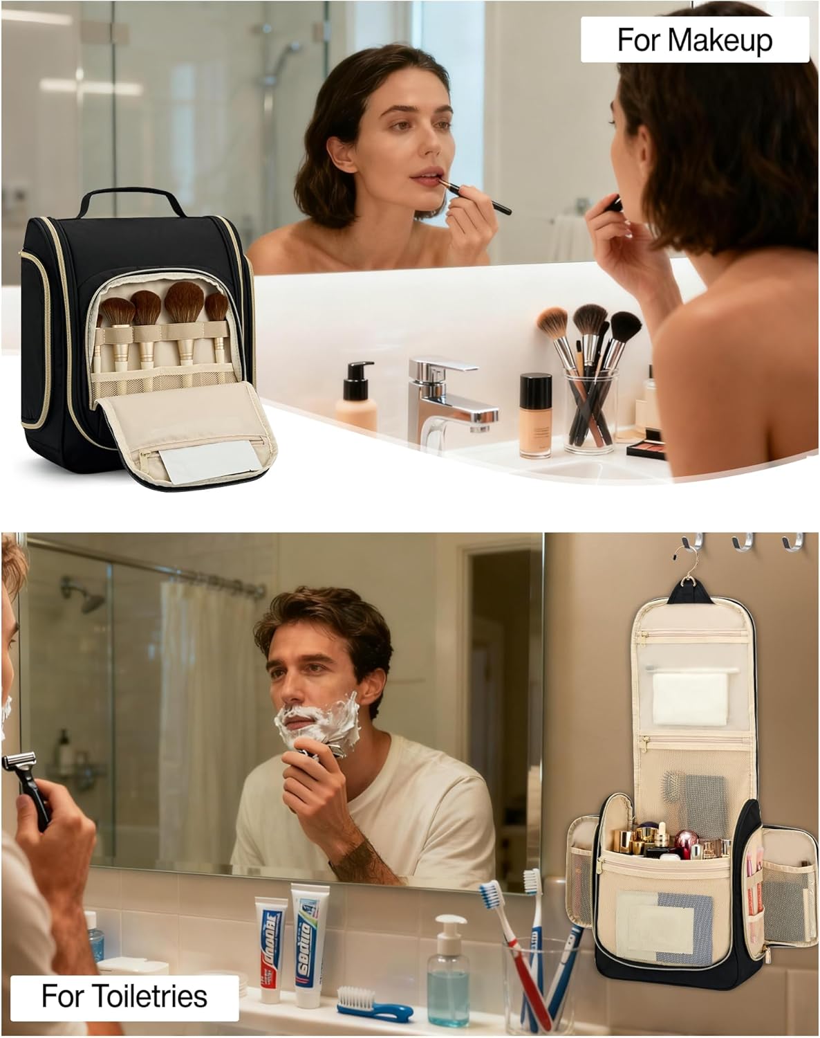 Hanke Hanging Travel Toiletry Bag for Men and Women, Water-Resistant Toiletries Bag Makeup Organizer with Hook, Cosmetic Bag for Bathroom & Travel Essentials Accessories, Black
