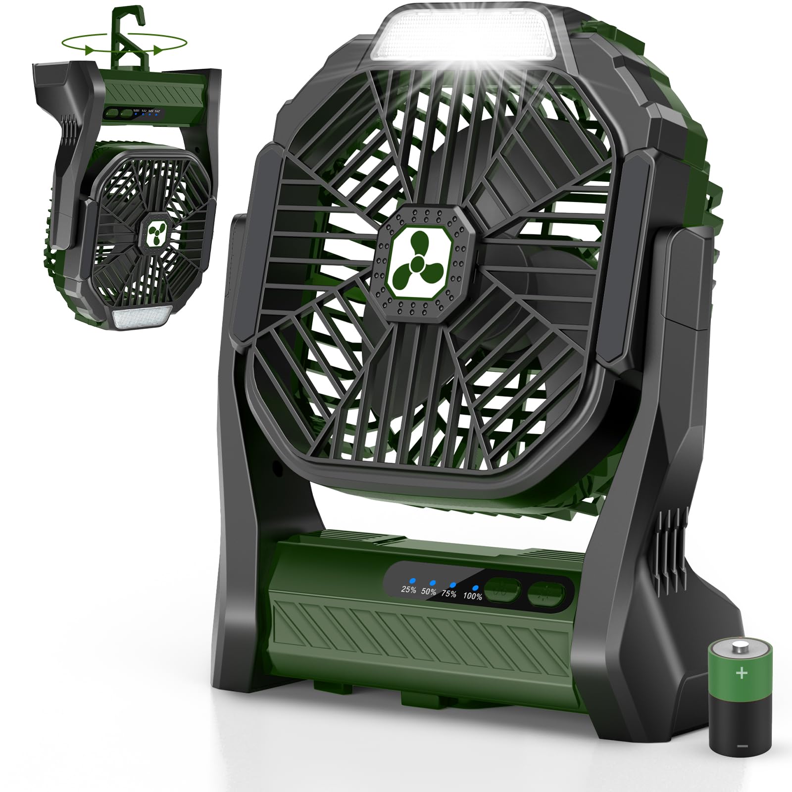 PDBEST Batteriebetriebener Ventilator 20000mAh Kabellos, Wiederaufladbarer Tragbarer Ventilator mit LED-Laterne, USB-C-Akku Tischventilator, Campingventilator für Reisen Strand Green