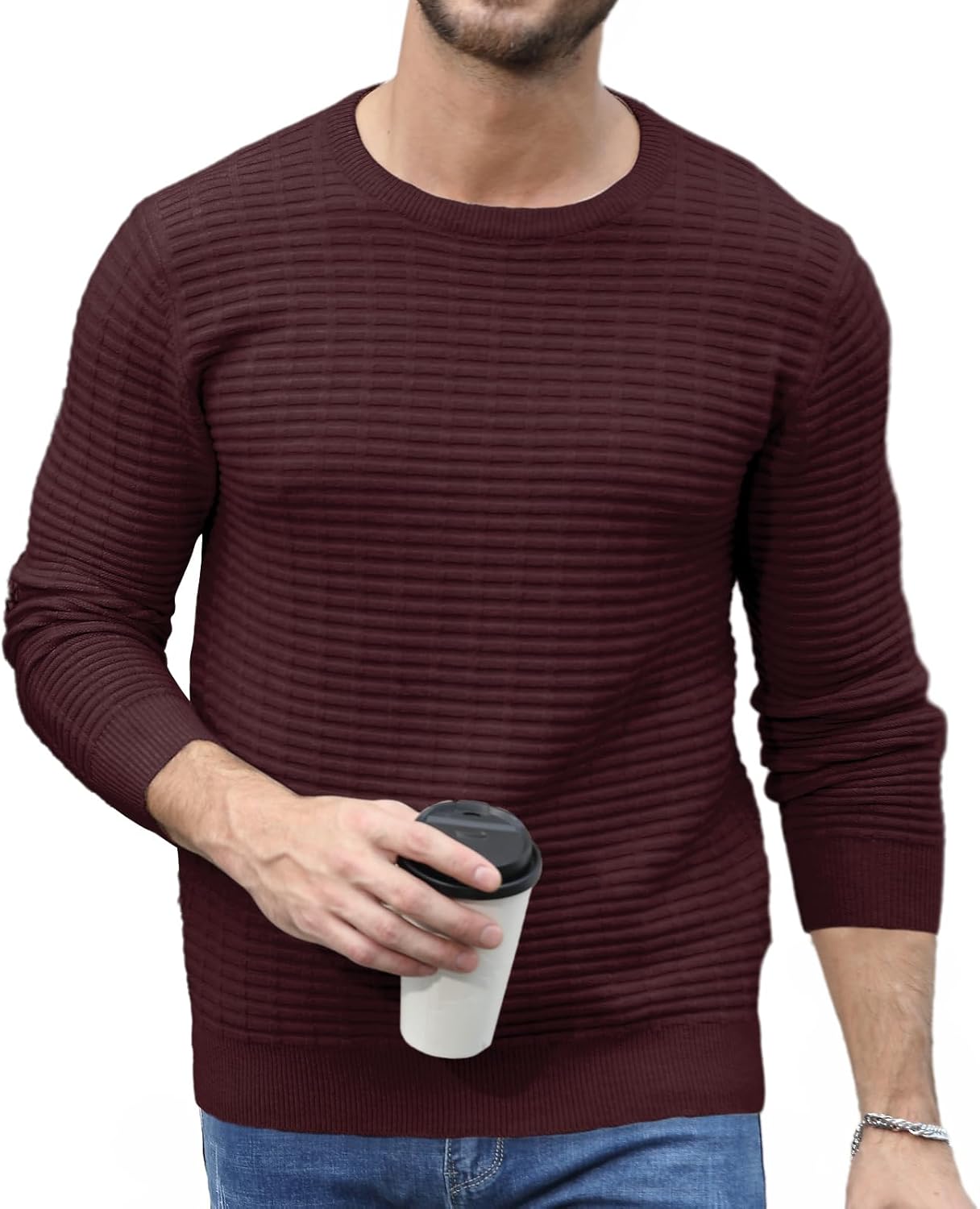 Askdeer Men's Pullover Sweater Cable Knit Crewneck Sweater Casual Long Sleeve Classic Knit Textured Sweater with Ribbing Edge - Image 5
