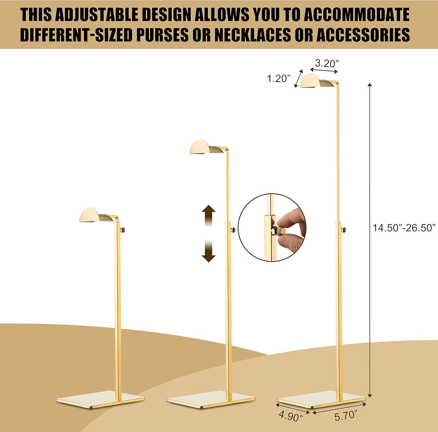 Gold Handbag Display Stand - 2 Pack Table Polished Gold Purse Stands for Display - Adjustable Height Semi Circle Clutch Bag Hanger Display Stand for Boutique Store - Image 4