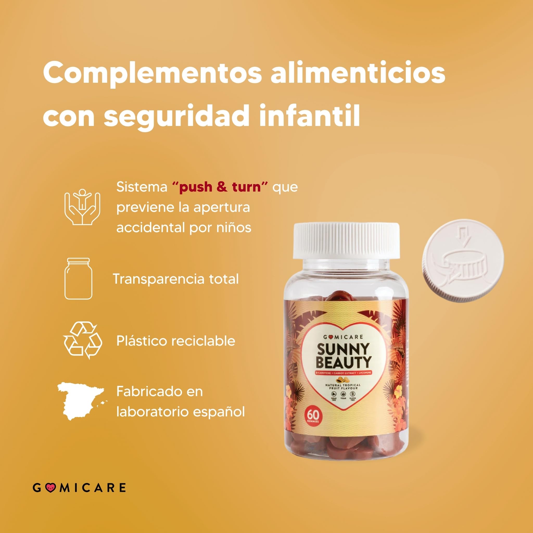 Gominolas bronceadores - Betacaroteno + Astaxantina + Luteina + Licopeno + Cobre - Protege la Piel y Acelera el Bronceado - 60 gominolas - Sin Azúcar - Sin Gluten