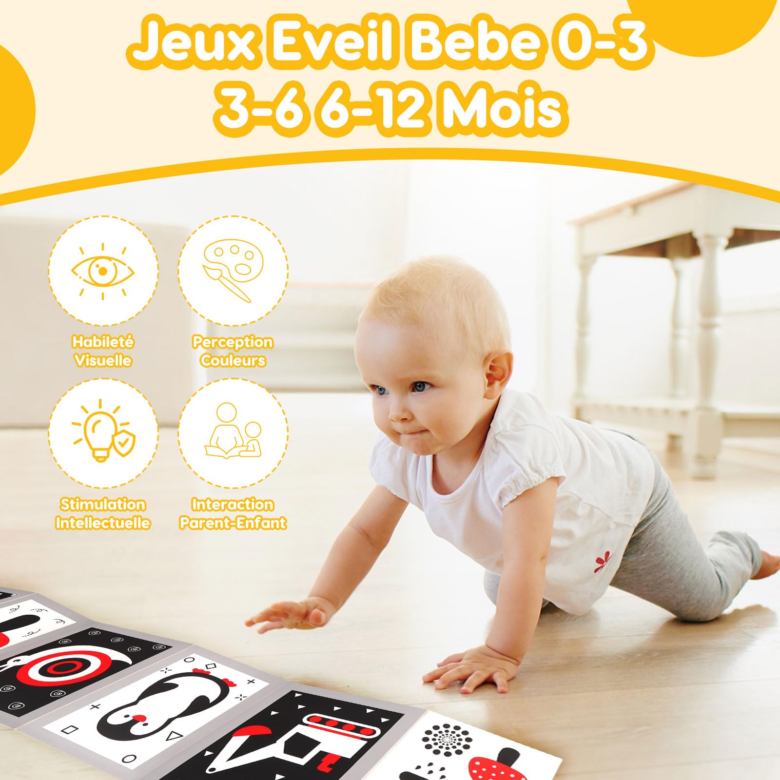 Livre Eveil Bebe 0-3 0-6 Mois, Livre Noir et Blanc Bébé Sensoriel avec Miroir Tummy Time, Carte Contraste Montessori Jeux d’eveil Jouet Bebe 0 3 6 Mois, Cadeau Bébé Naissance Garcon Fille Nouveau-Né