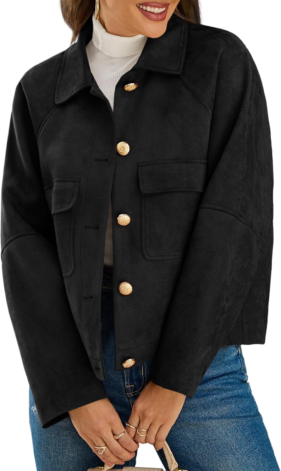 Cicy Bell Womens Faux Suede Leather Jackets Oversized Cropped Casual Lapel Collar Button Down Spring Vintage Shackets