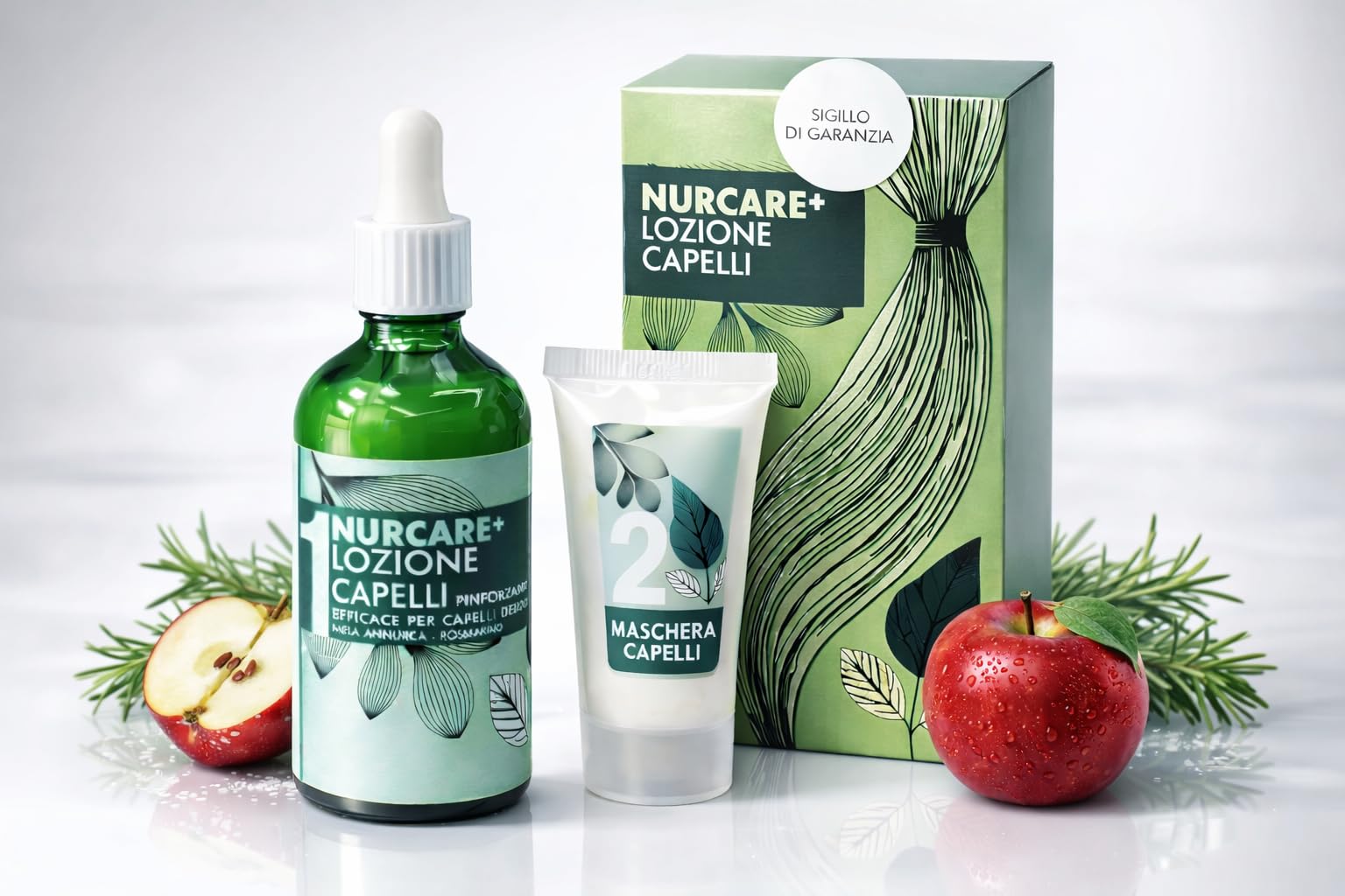 Keleo nurcare+ Bio siero capelli lozione Anticaduta Fortificante con Estratto di Mela Annurca e Rosmarino + Maschera Rinforzante capelli - Adatto a Tutti i Tipi di Capelli uomo donna