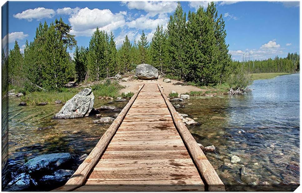 Bob Estrin Handmade Wall Art Decor Canvas Photograph of Wooden Bridge over Tranquil Lake and Green Forest at Grand Tetons National Park, Wyoming. Photography Art Print of Nature Landscape