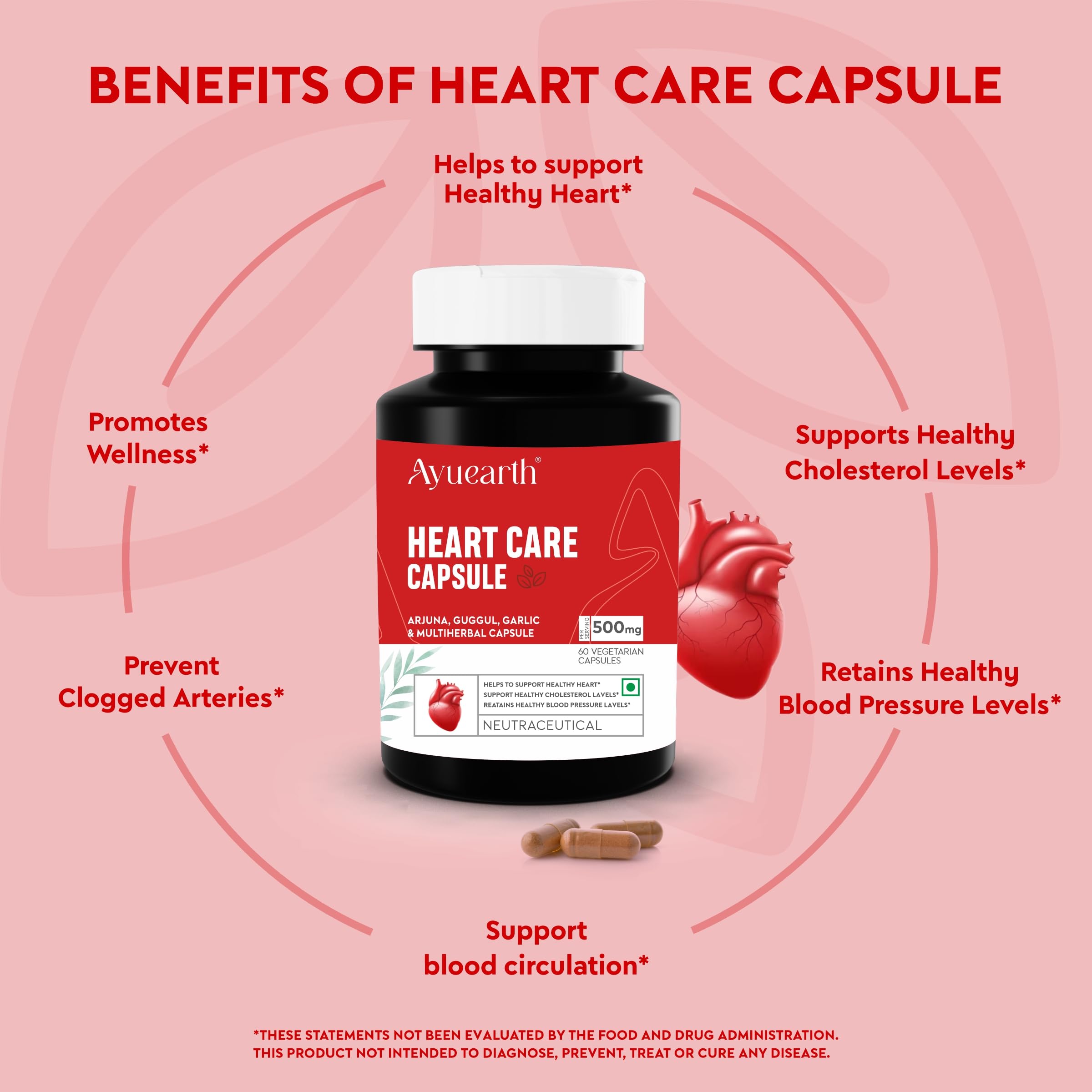 Ayuearth Heart Care Capsule 500 mg | Guduchi, Kalmegh, Katuki & Multi Herbal Capsule | Supports Healthy Cholesterol Levels | Retains Healthy Blood Pressure Levels | 60 Veg Capsules 3