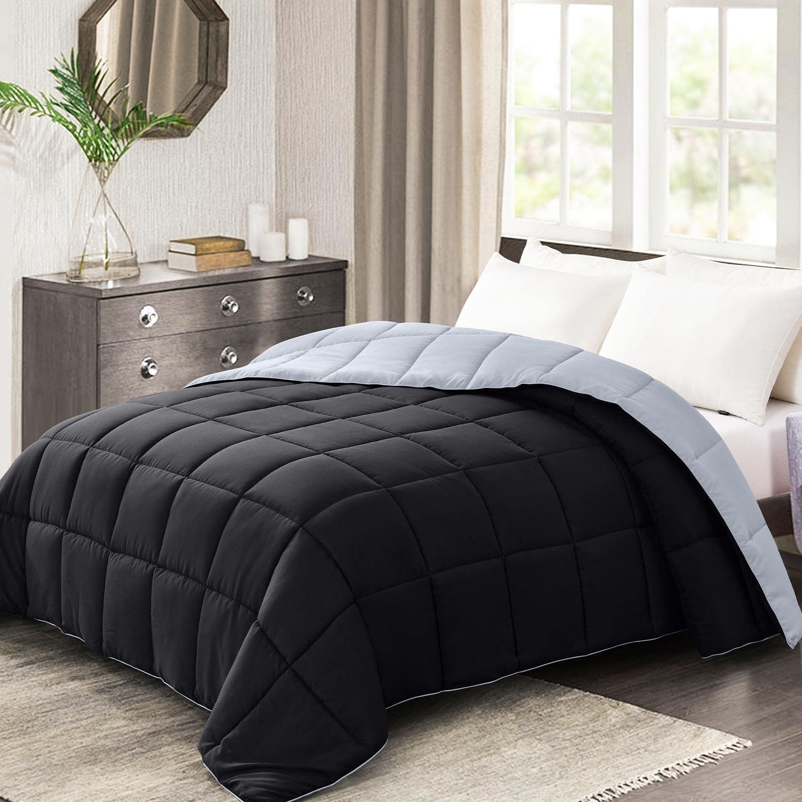 California King Comforter - Black Duvet Insert Down Alternative Bed Comforter, Lightweight Bedding Comforters Cal King Size Quilted Soft All Season Reversible Black/Light Grey