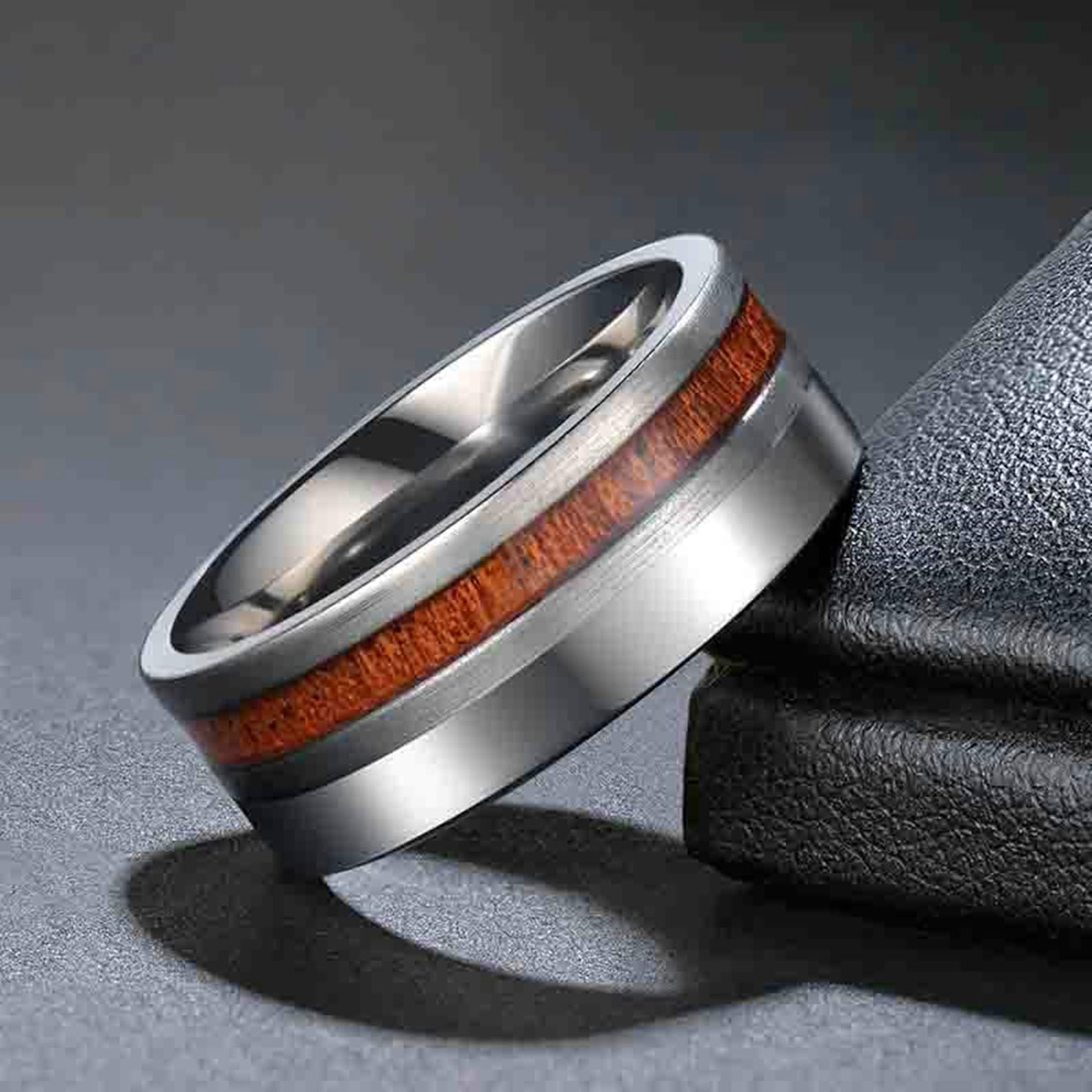 Anello in titanio, unisex, 8 mm, lucidato a specchio, con fascia in legno, anello di fidanzamento, per lei