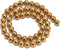 Vista 2 de Cuentas sueltas redondas lisas de hematita chapada en oro de 6mm, cuentas naturales de gematone para joyería y manualidades, 1 cadena de 15 pulgadas