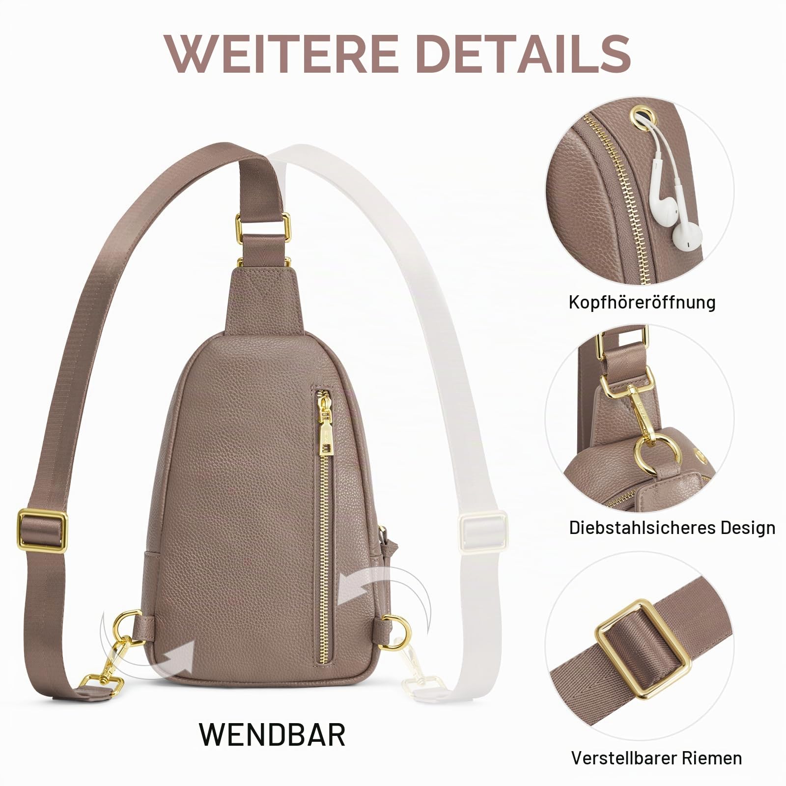 Kattee Sling Bag für Damen Gürteltasche aus Leder Kleine Brusttasche Umhängetasche mit RFID-Blockierung für Reisen und Outdoor | Gürteltasche aus genarbtem Rindsleder. Kleine Brusttasche mit RFID-Blockierung für Reisen