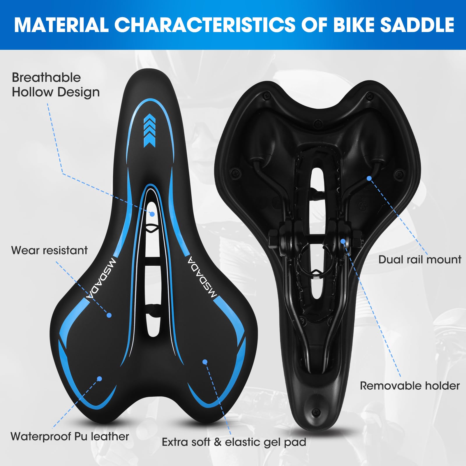 New Gel Bike Seat, MSDADA Comfortable Bike Saddle for Men & Women, Waterproof Gel Bicycle Saddles - Image 2