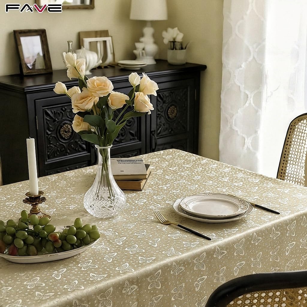 FAVE Gold Vinyl Tablecloth for Rectangle Tables 55x87 Inch, Waterproof Wipeable Table Cover, Heavy-Duty Stain-Resistant Tablecloth for Dining Party Wedding Picnic Indoor Outdoor Use(Butterfly)
