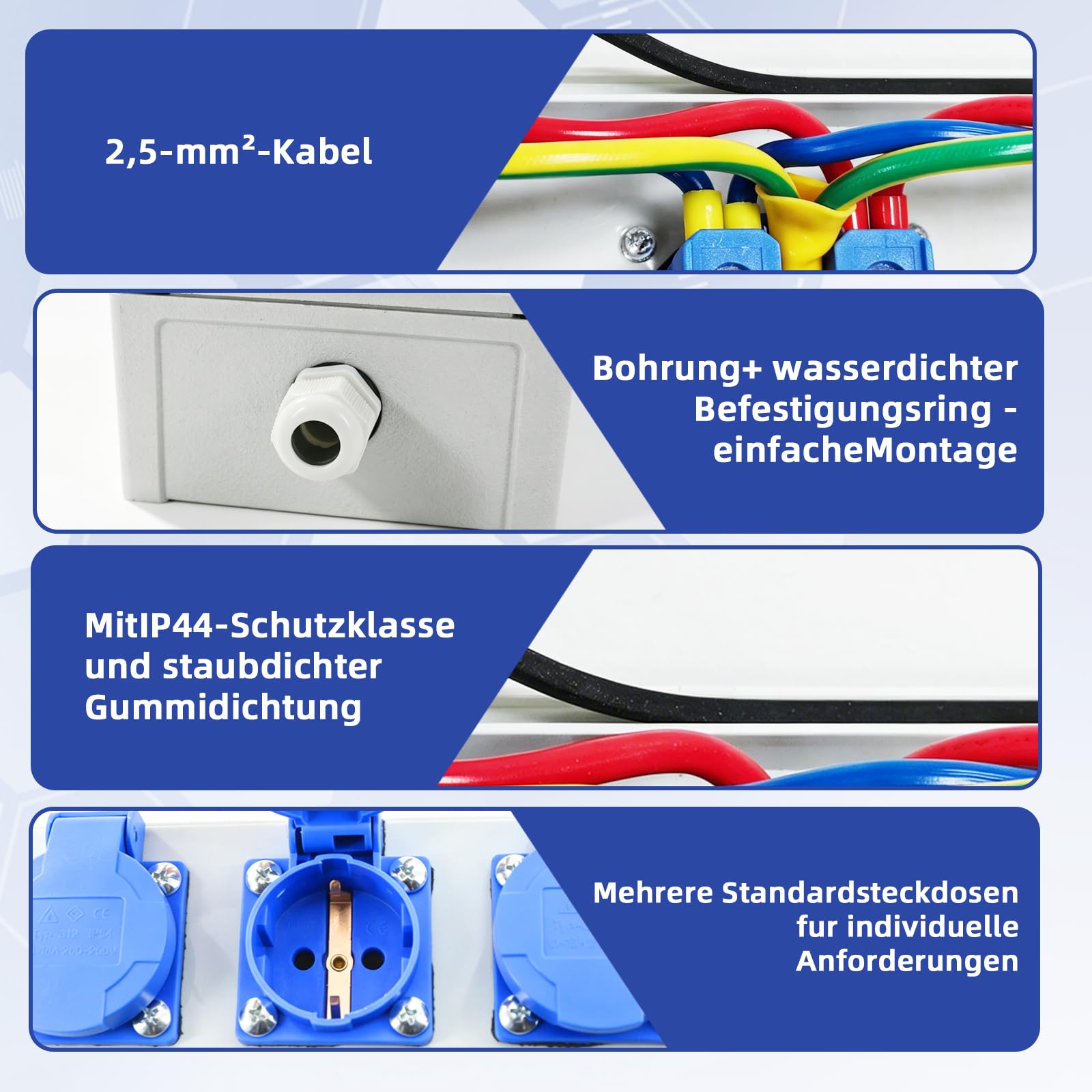 Distribuidor de corriente de pared con 6 enchufes Schuko de 230 V 16 A, precableado y carcasa resistente a los golpes, caja de distribución para taller, garaje y obra