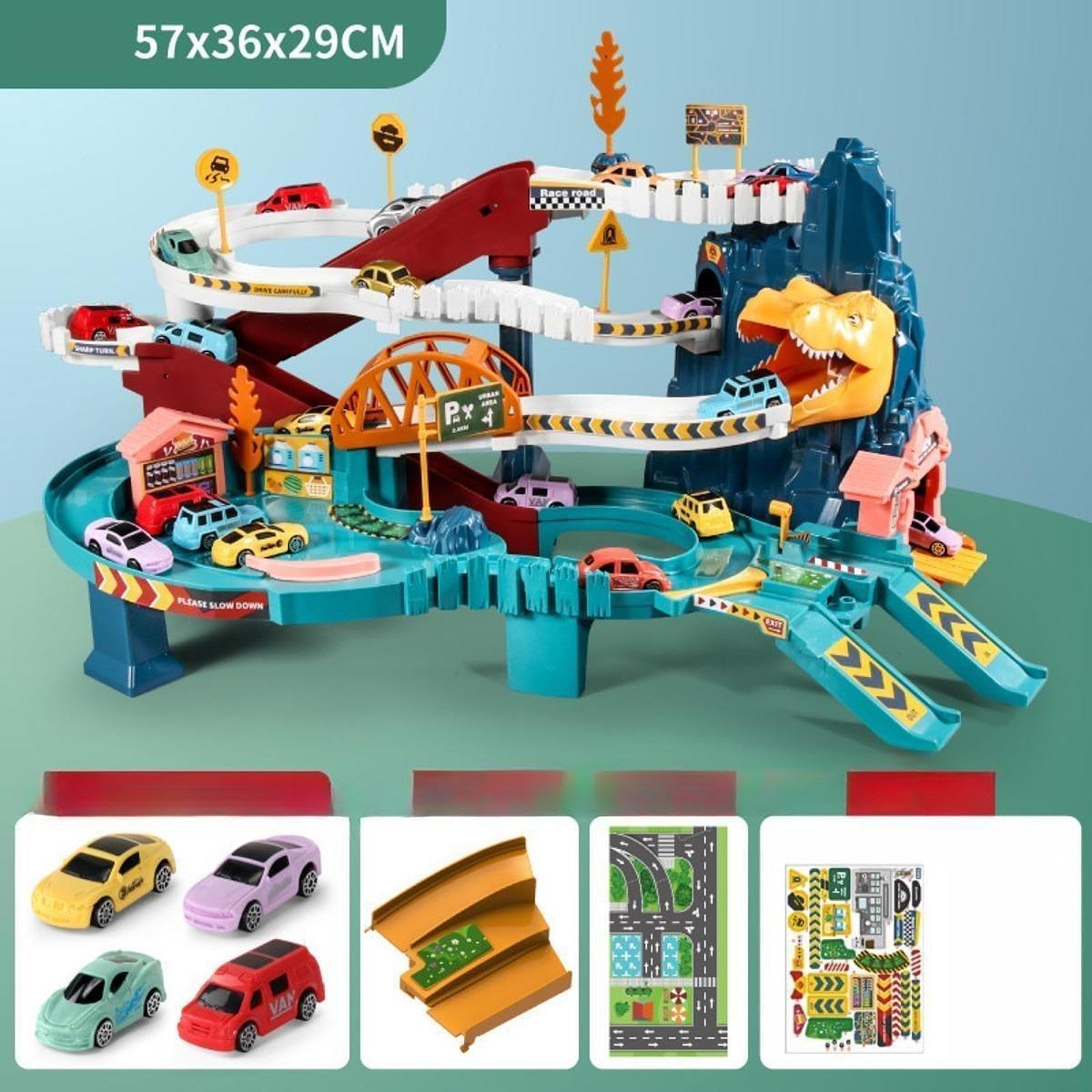 Harilla Playset Pista da Corsa con Interattivi da Interno Veicoli Set di Costruzione Pista Rampa per Giocattolo per Bambini, Dinosauro