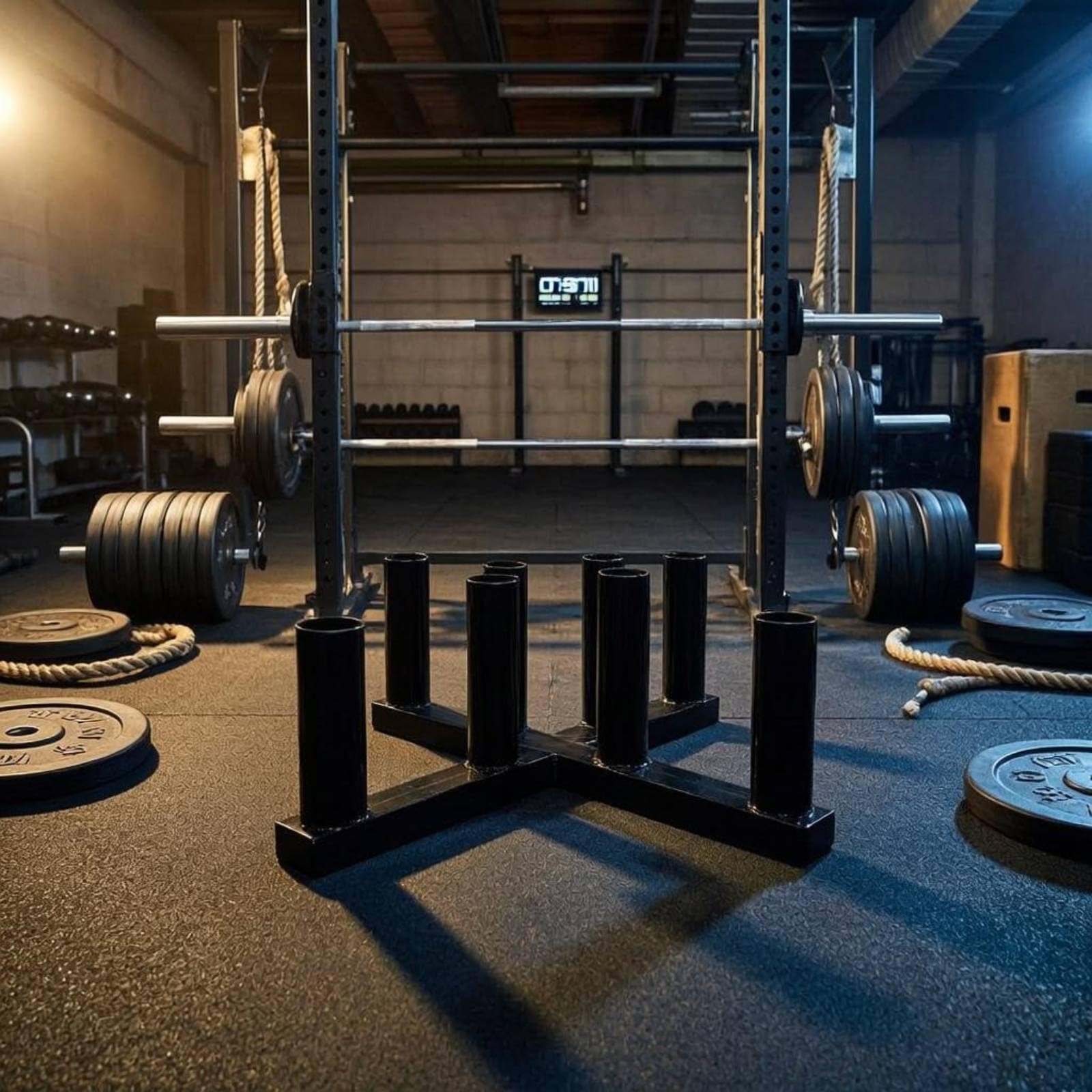 Harilla Soporte para Barras Olímpicas Rack Barra Pesas Organizador Soporte Vertical Base en Cruz Acero 8 Posiciones Mantiene Suelo Libre Compatible con Barras