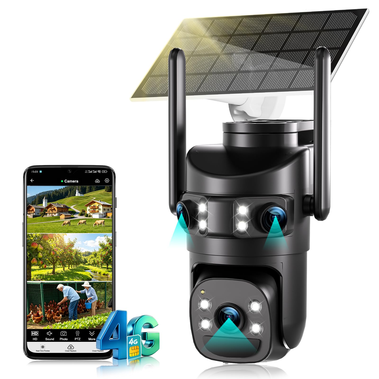 Budsun 4G LTE - Telecamera di sorveglianza a triplo obiettivo, scheda SIM,PTZ, monitoraggio automatico, zoom ibrido 10X, fotocamera solare esterna con batteria, rilevamento di movimento, visione