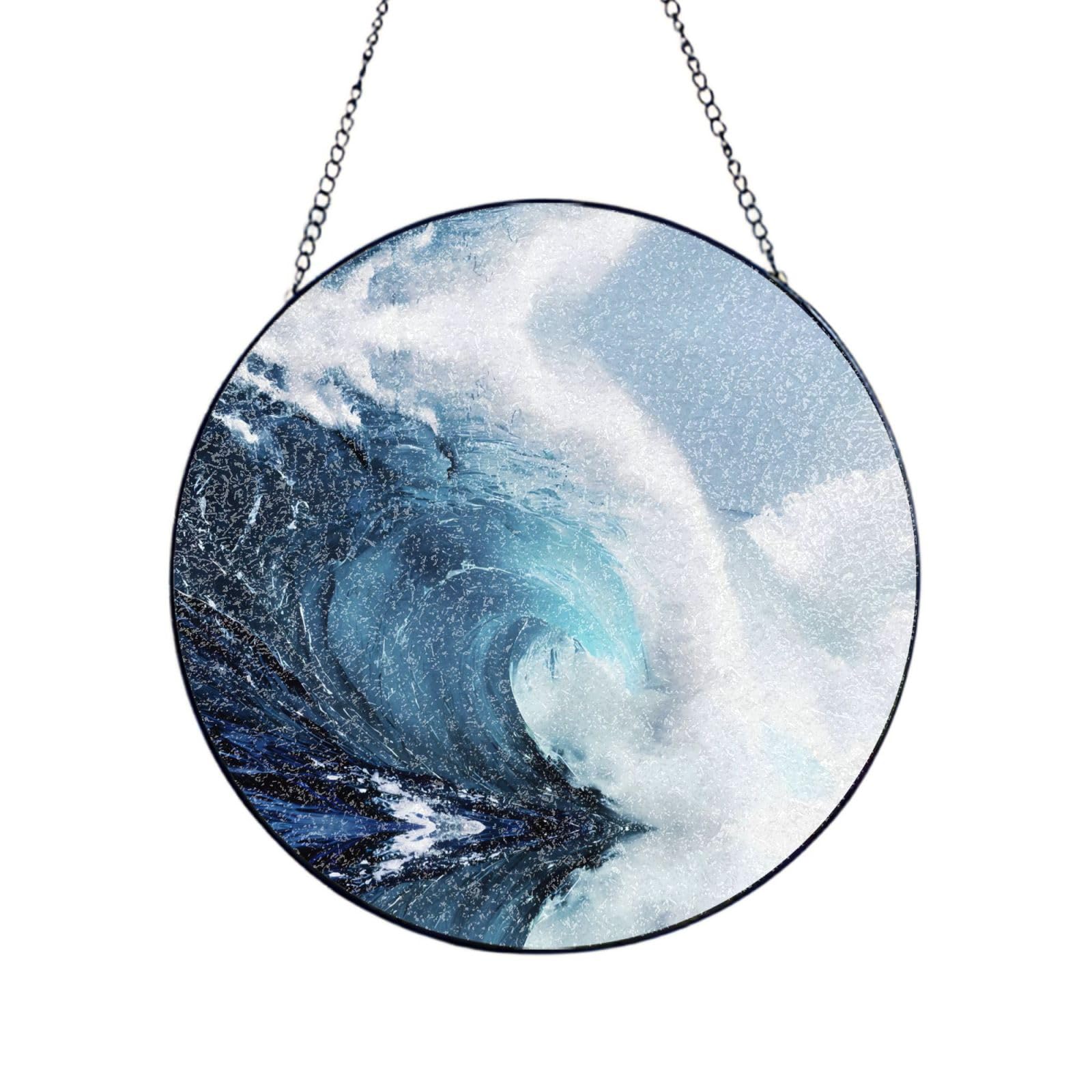 Poezjzw Stained Glass Window Hanging - Ocean Waves Sun Catcher For Door Garden Home Decor Christmas Mother'S Day Birthday Gifts 12in（30cm）