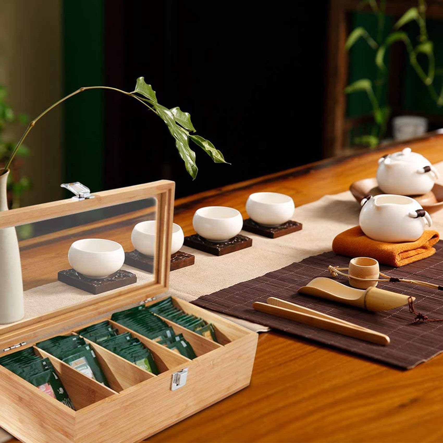 3X de Bambú Multifuncional Bolsa de Té Organizador de Joyas Caja de Almacenamiento 5 Compartimentos Caja de Té Organizador Contenedor de AzúCar