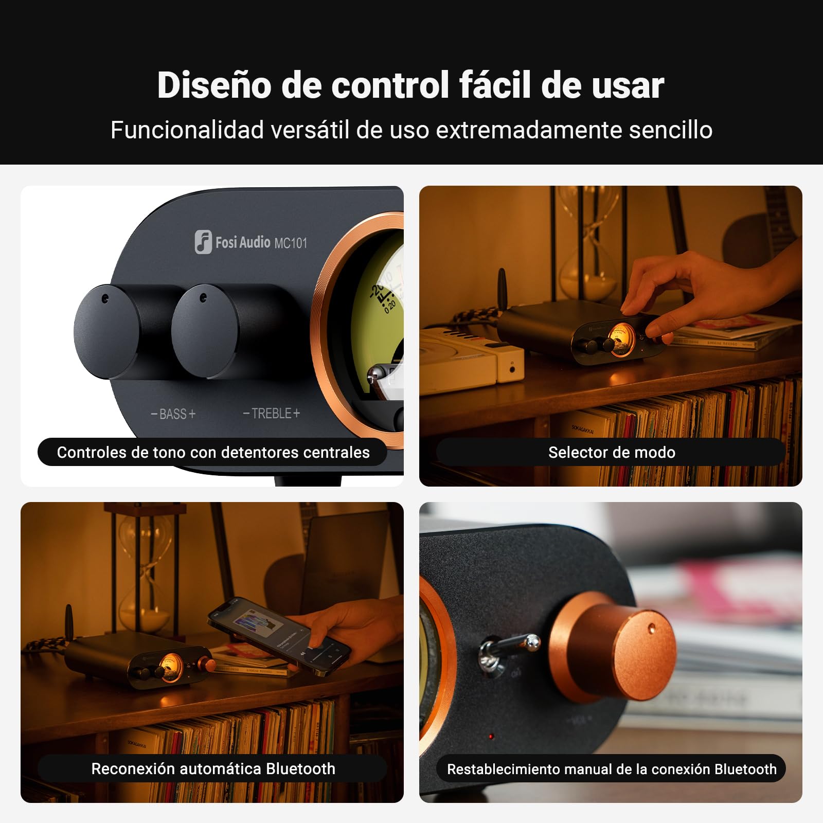 Fosi Audio MC101 Bluetooth Amplificador Estéreo Home Audio Component Mini Amp con VU Meter Receptor HiFi 2 Canales para Altavoces Pasivos con Bass Treble Tone Control Vintage All Aluminum Alloy