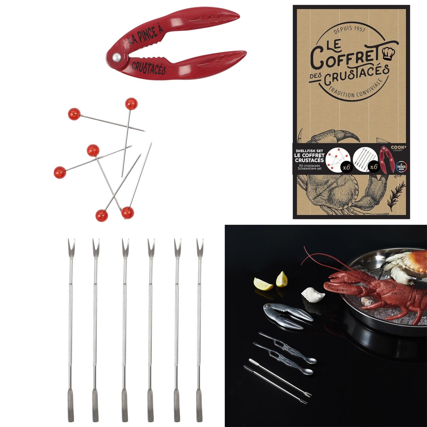 Kit d'outils pour fruits de mer - Pince à crabe en acier inoxydable - Fourchettes homard, ouvre-bol et pince à noix rouge - 13 pièces - Couverts crabes et homards de qualité supérieure dans une boîte