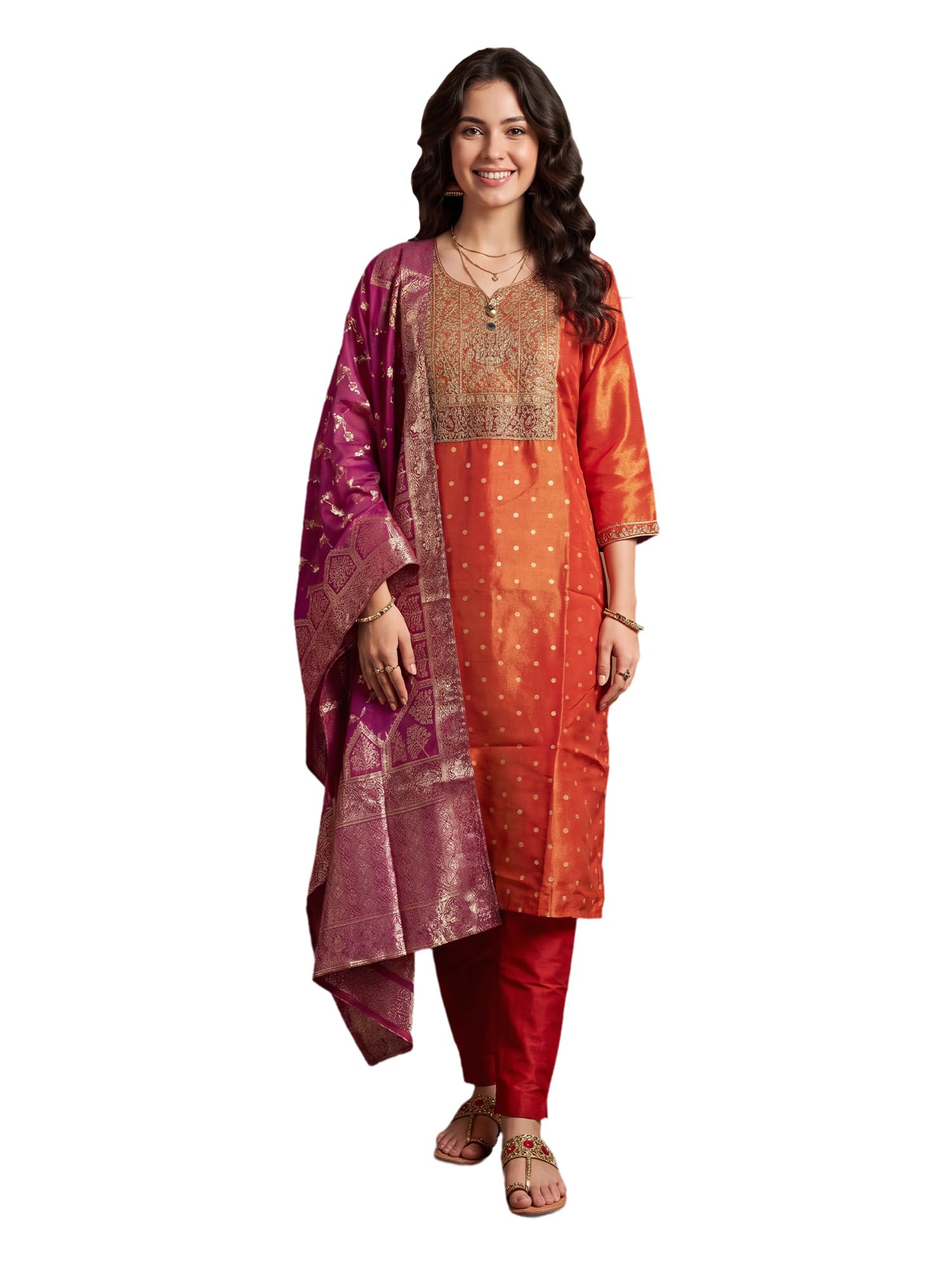 Women's Silk Blend Embroidered Sequinned Kurta & Pant with Dupatta Set-image-18