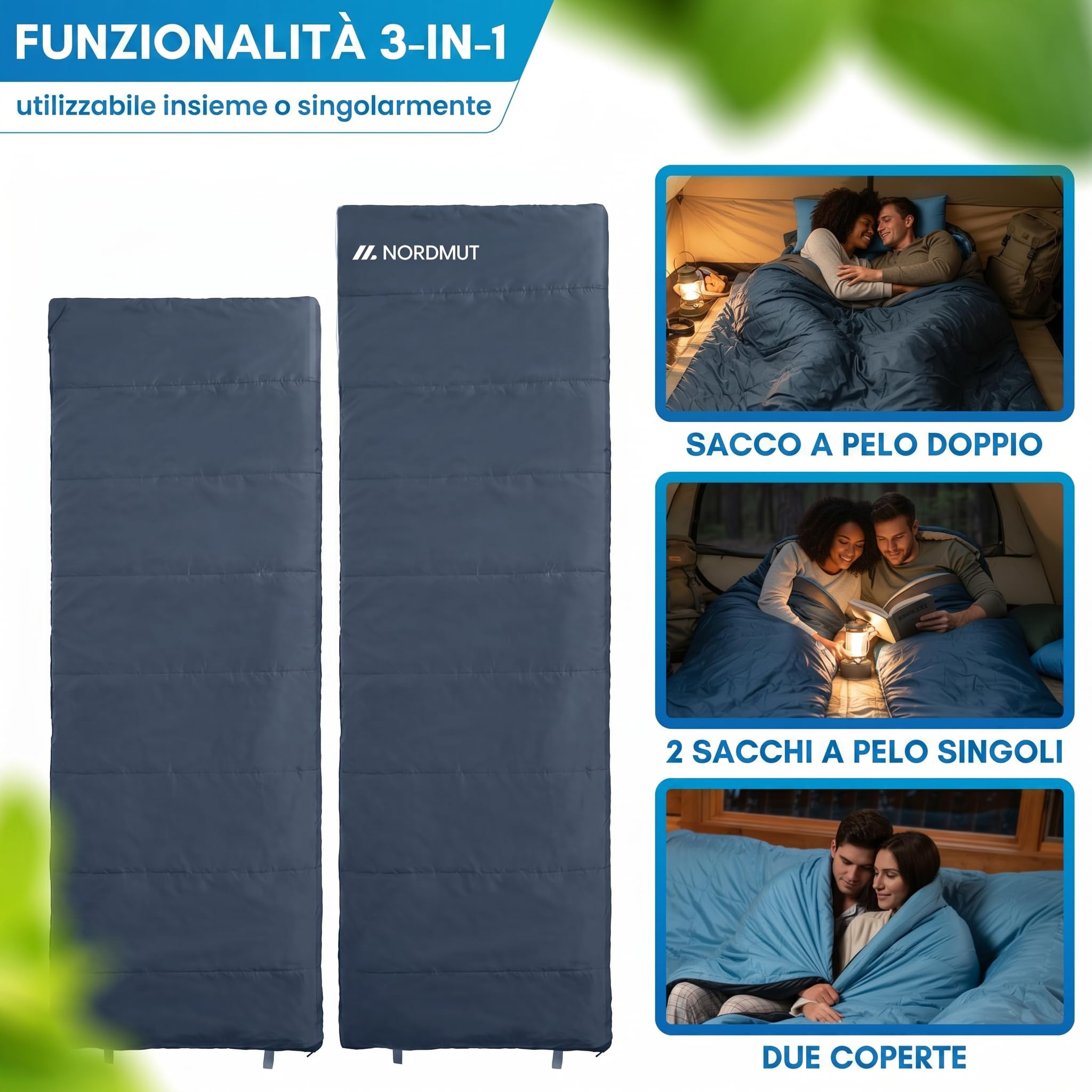 NORDMUT® Sacco a pelo doppio XXL con cerniera YKK premium a doppio senso – Sacco a pelo accogliente 2 persone extra largo & grande – per 2 persone con isolamento ottimale