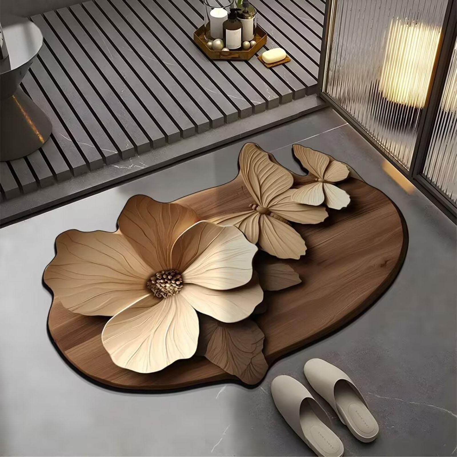 Tapis de bain pour salle de bain au motif floral 3D absorbant