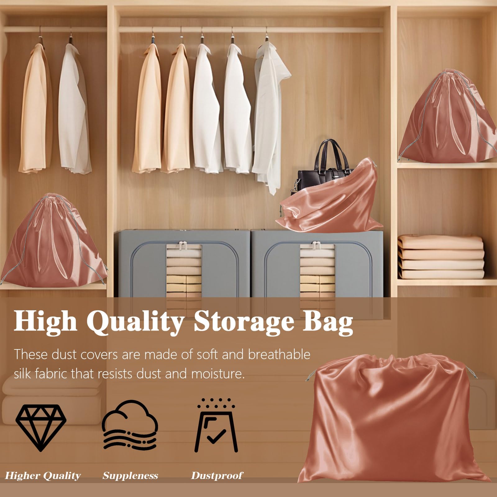 Lot de 16 housses de sac à main en soie anti-poussière avec cordon de serrage pour sacs à main, chaussures, sacs à main, bottes (noir), rose gold, Fashions