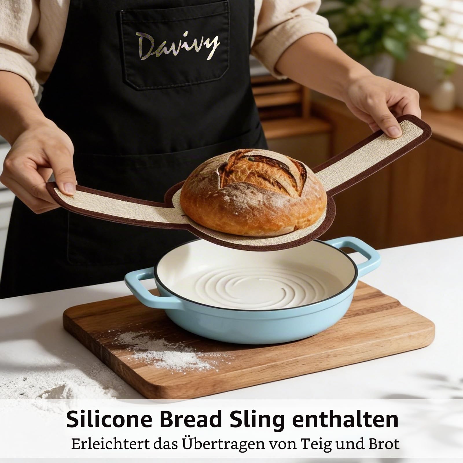 Davivy Gusseisen Topf Brot Backen, 5,35L/25cm Bräter Emaille Schmortopf mit Hochgewölbter Deckel und Griffen, Brotbacktopf mit Gärkorb für Küche Backen, Dutch Oven mit Brotschlinge (Meersalzblau)