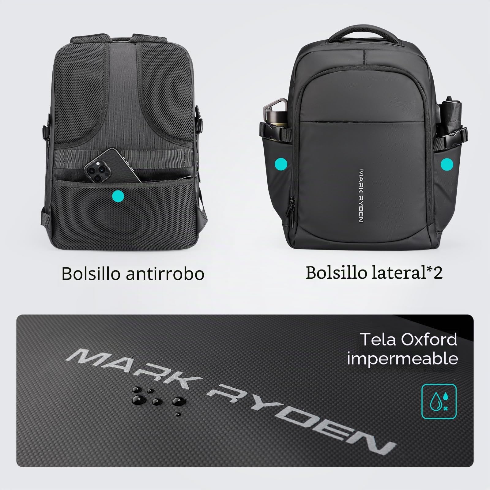MARK RYDEN Markryden Mochila Antirrobo Impermeable, Mochila para Portátil Multiusos Puerto de Carga USB, Escolar Negocio Viajes Trabajo