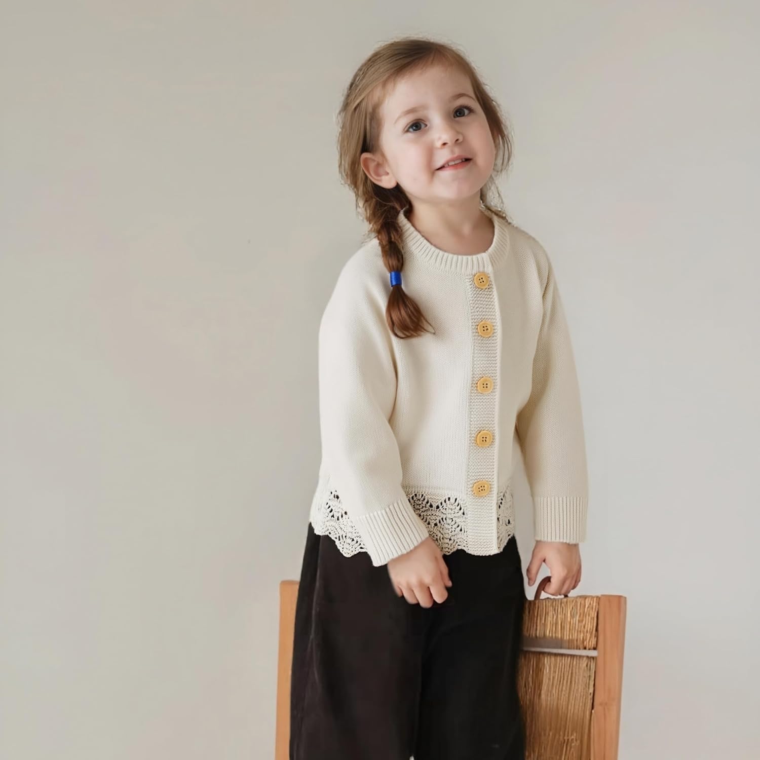 Hadetoto Baby Girl Knit Cotton Cardigan Sweater Long Sleeve Button Up Lace Sweatshirt Jacket Fall Infant Toddler Clothes - Image 2