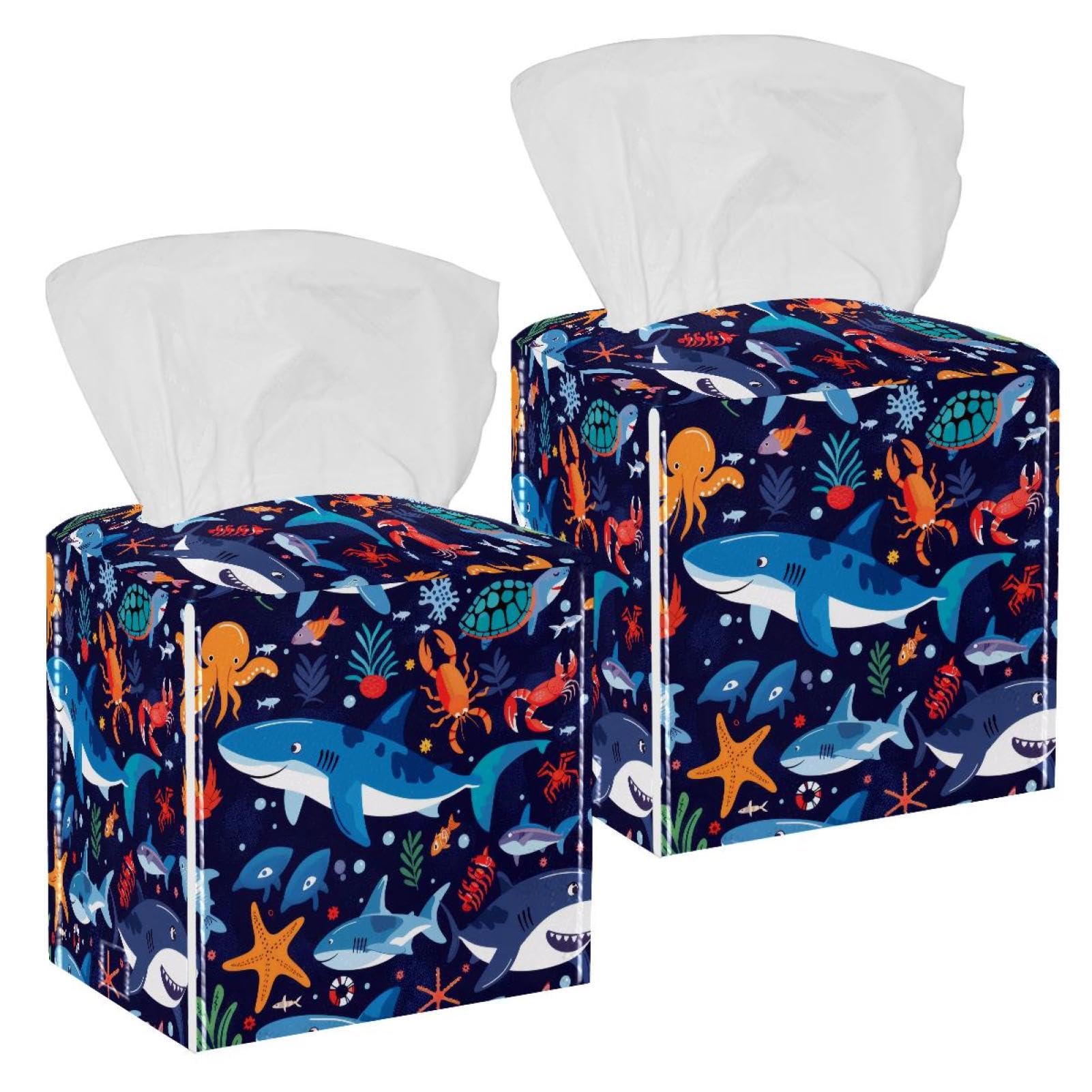 Sharks Starfishes Tissue Box Cover, 2 Pack PU Leather Square Facial Tissue Dispenser Box holder for Home Office Car