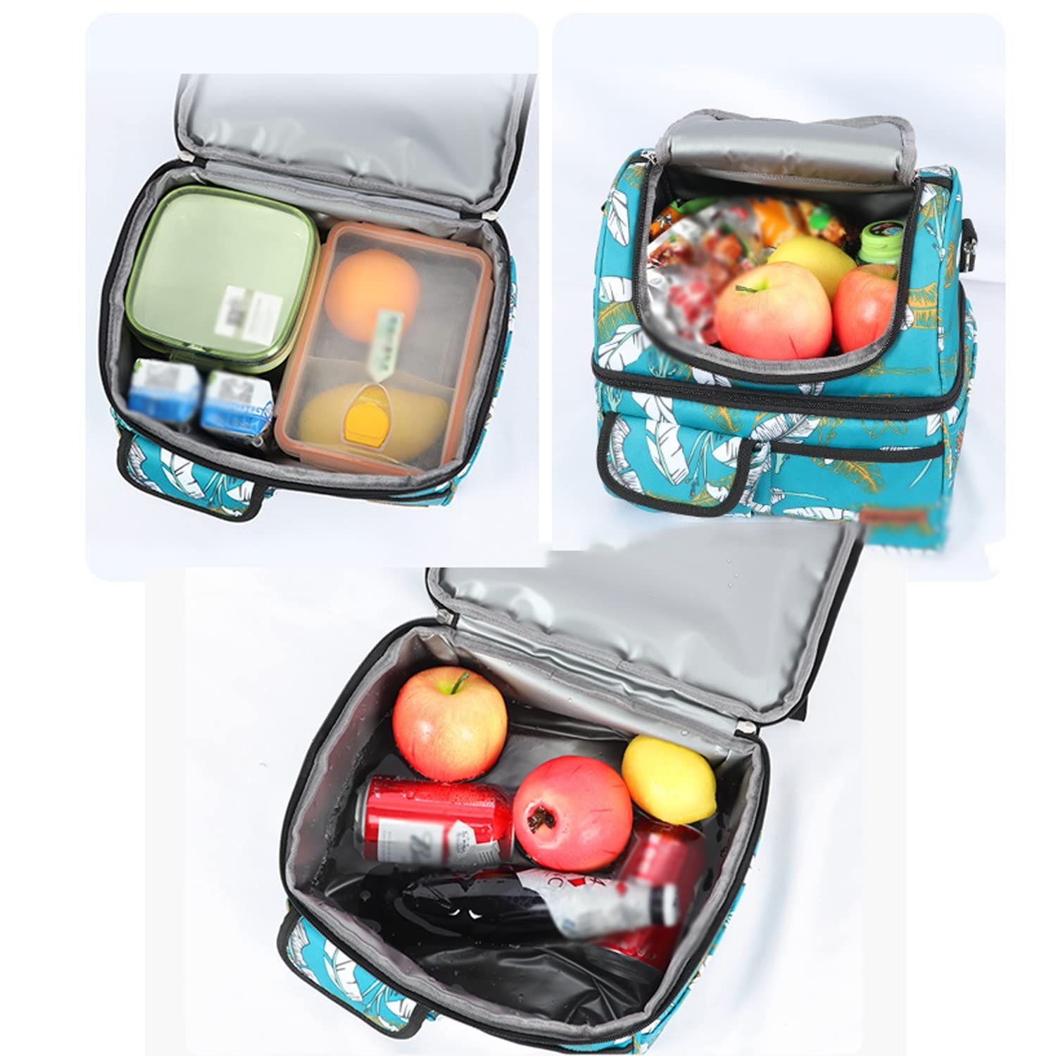 Wiederverwendbare Isoliertaschen, doppelstöckige Kühltasche, Einkaufstasche mit abnehmbarem Schultergurt, wasserdichte und auslaufsichere Brotdosen (D)