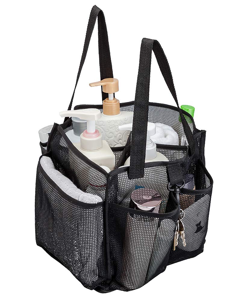 Mesh Shower Caddy Basket,Large Shower Bag Tote,Hanging Bath Toiletry Organizer with 1 Big Separated Inner Compartment and 6 Deep Outer Pockets (Black)