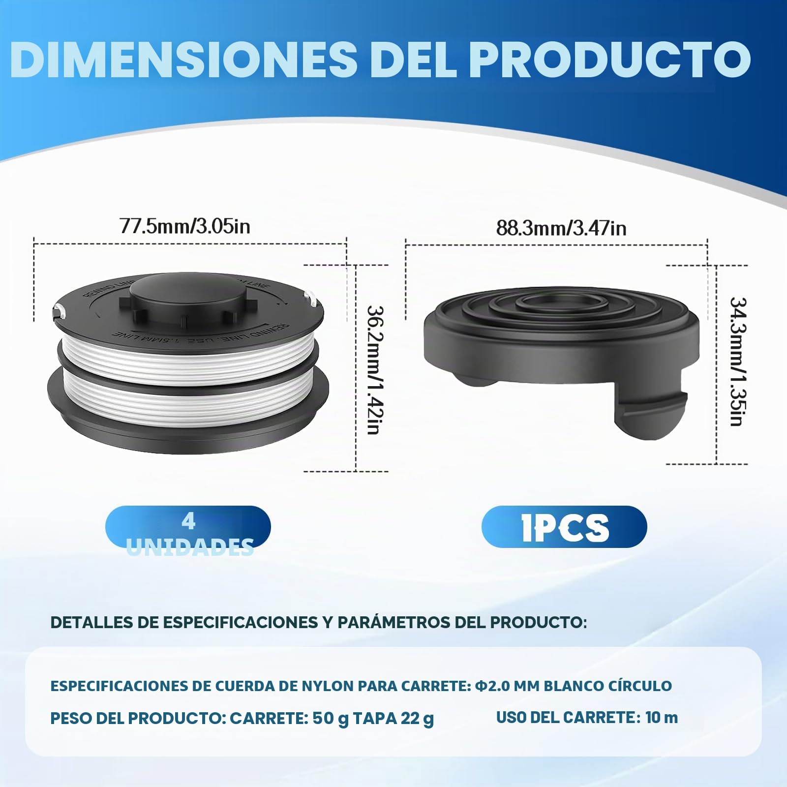 4 Bobinas de Hilo para Cortabordes Compatibles con Einhell 3405685, para Einhell GC-ET 4530 Aldi Gardenline GLR GLT,Ø2mm 10m, con cubierta de bobina TLE-02-1(4 Bobina+1 Tapa)