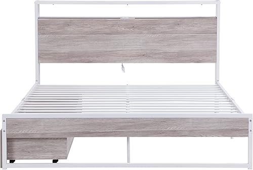 Miniatura 8 de Base de cama de plataforma de metal tamaño Queen con dos cajones, enchufes y puertos USB, marco de cama sólido con soporte de listones de metal, no