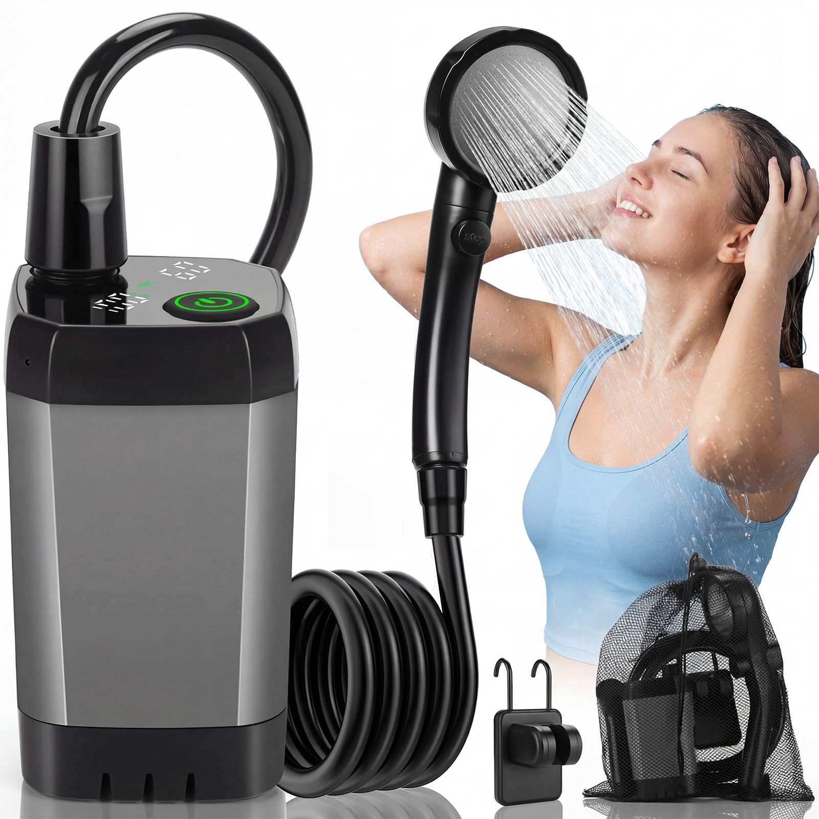 Tonfarb Campingdusche, 6000mAh Akku Camping Dusche mit Pumpe, Outdoor Dusche Mobile mit Duschkopf und 2M Schlauch, Intelligenter Digitalanzeige, Fuer Garten, Wohnmobil, Wohnwagen, Reise, Hundedusche