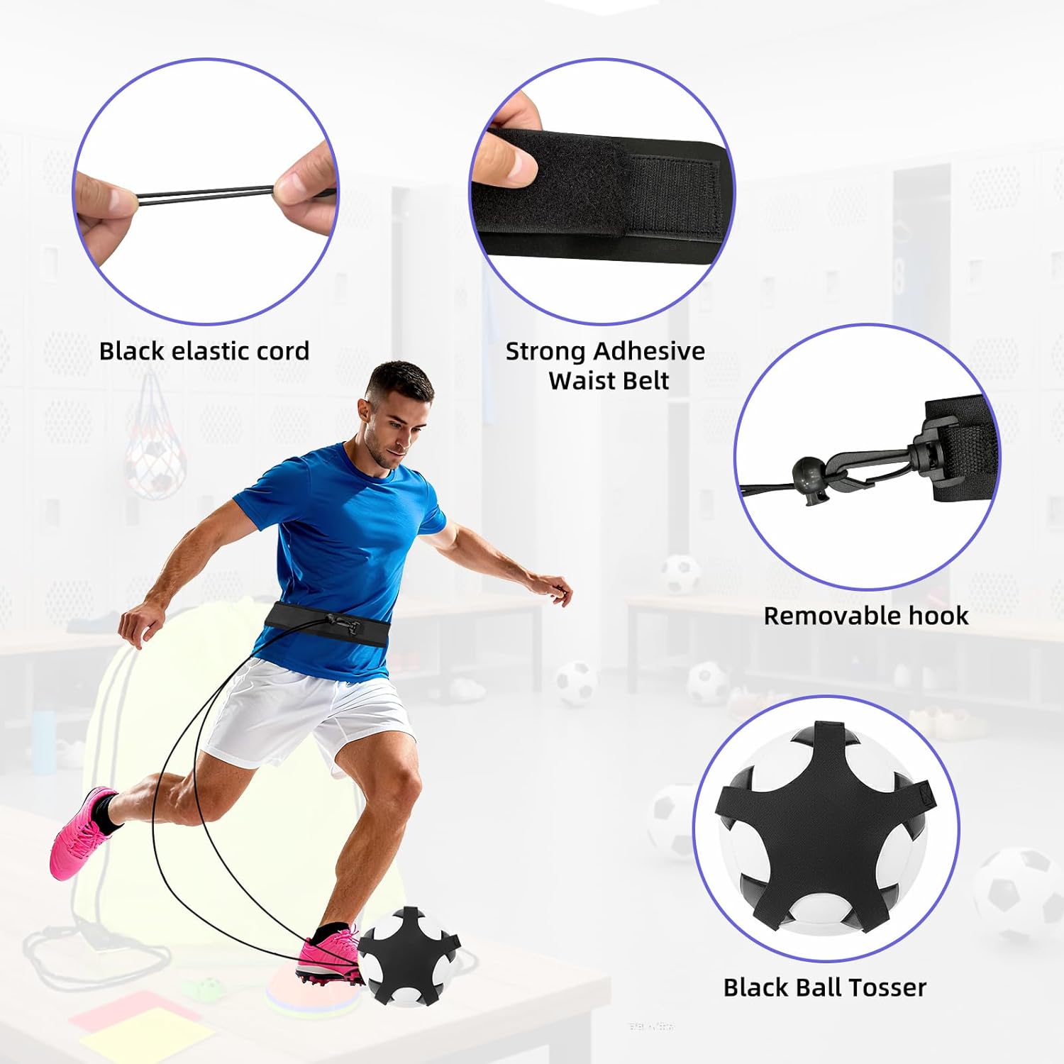 18 Pcs Soccer Trainer, Soccer Training Equipment, Waist-Mounted Juggling Pouch with 2 Reinforced Handheld Nets and 10 Marker Discs, 3 Whistles, Red/Yellow Cards, Drawstring Bag