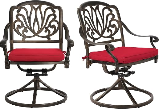 Patio Swivel Chairs Set of 2, Outdoor Swivel Rocker Dining Chairs with Thicken Cushions & Cast Aluminum Frame, for Backyard Deck Lawn GardenFlower Swivel Chairs Red Cushions Red