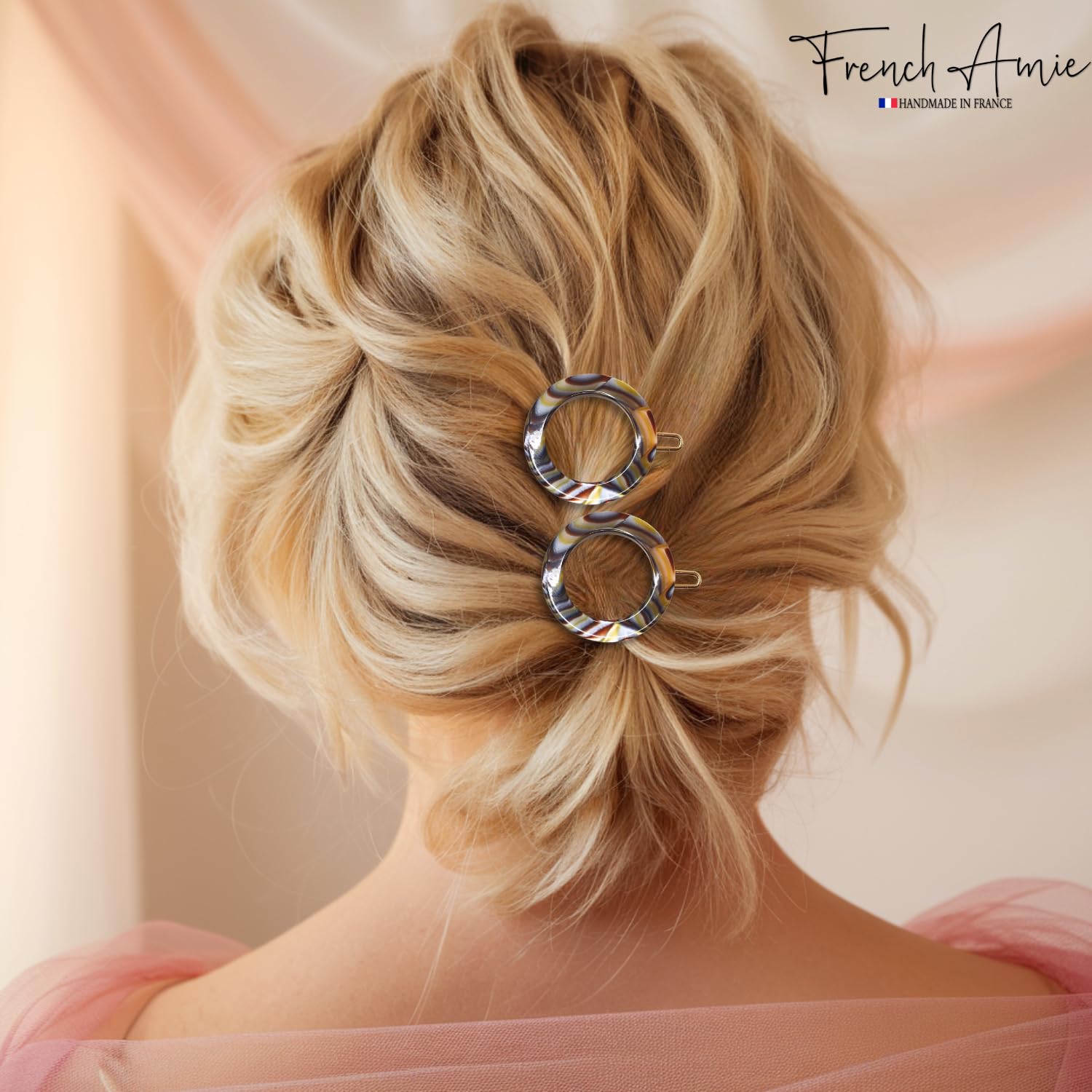 French Amie Mini Circle 1 ¼” Celluloid Acetate Handmade Side Slide Barrette Snap on Hair Clips - 2 Pieces (Onyx) - Image 2