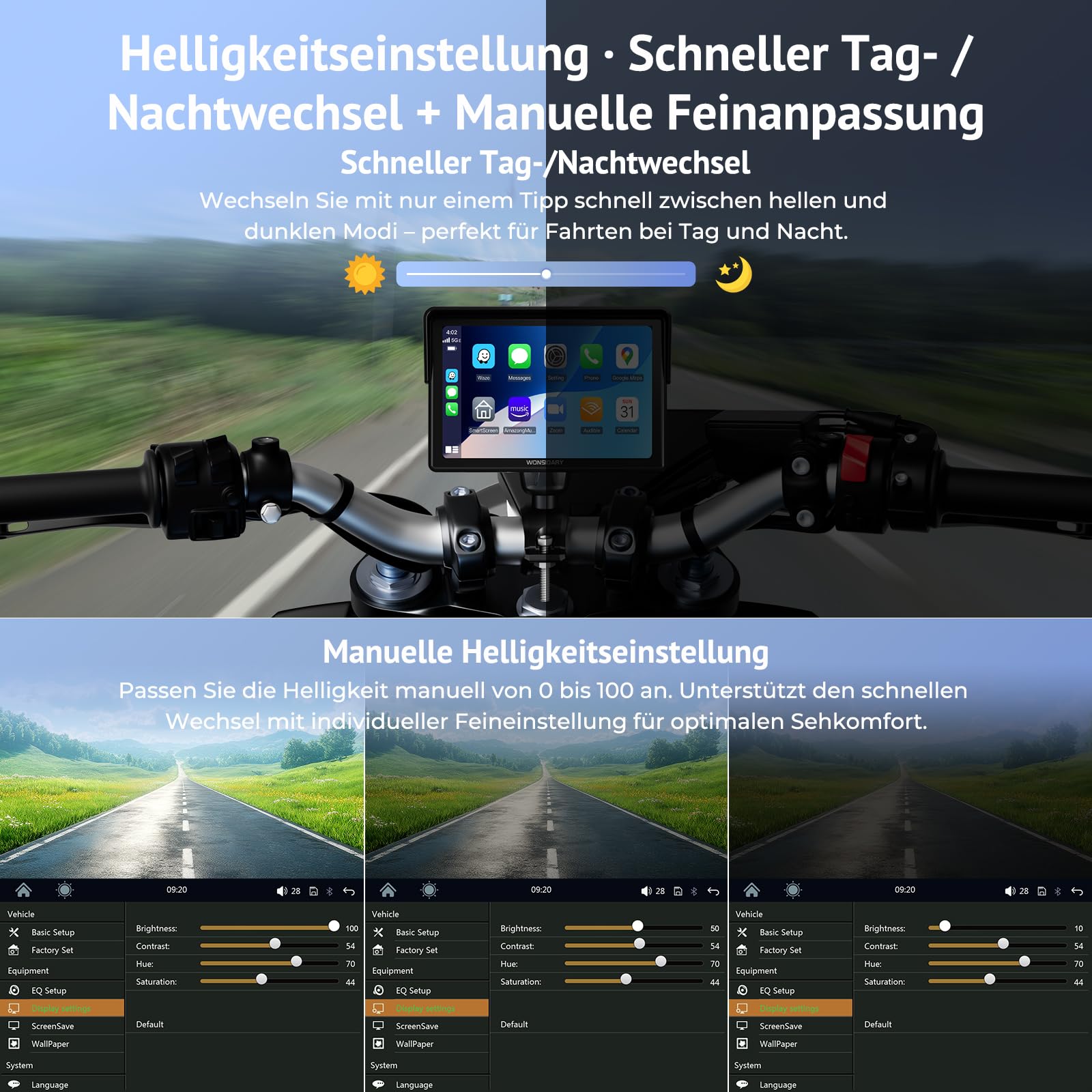 Kabelloses Motorrad CarPlay kompatibel mit Apple CarPlay & Android Auto,W522 5 Zoll IP67 Wasserdicht Touchscreen mit Dual Bluetooth,GPS Navigation,Sprachsteuerung,Equalizer,USB/Acc Stromversorgung