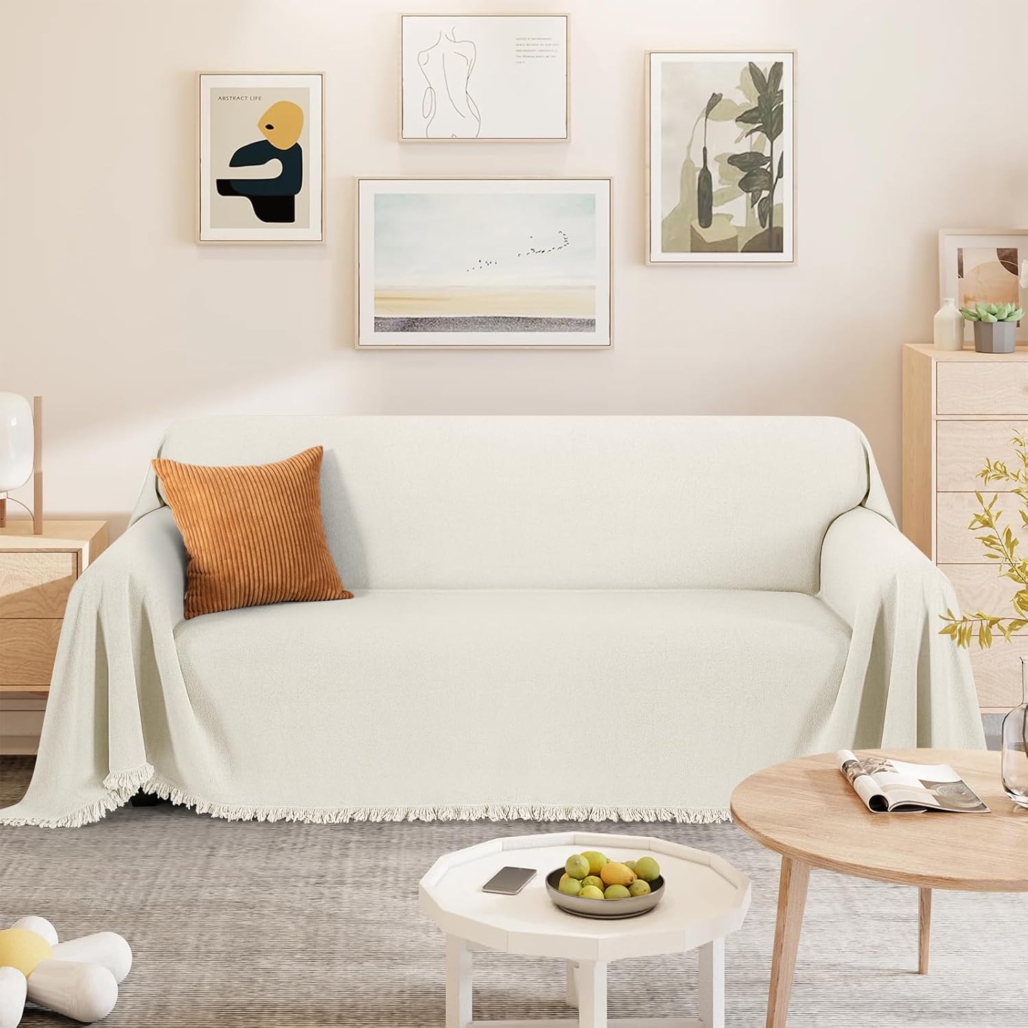 TAOCOCO Couch Covers for Pets Heavy Duty Couch Blankets for 2 Cushion Couch Sectional Sofa Covers Durable Throw Couch Covers for Dogs, Kids, Washable Sofa Slipcovers with Tassels (71''x118'' Beige)