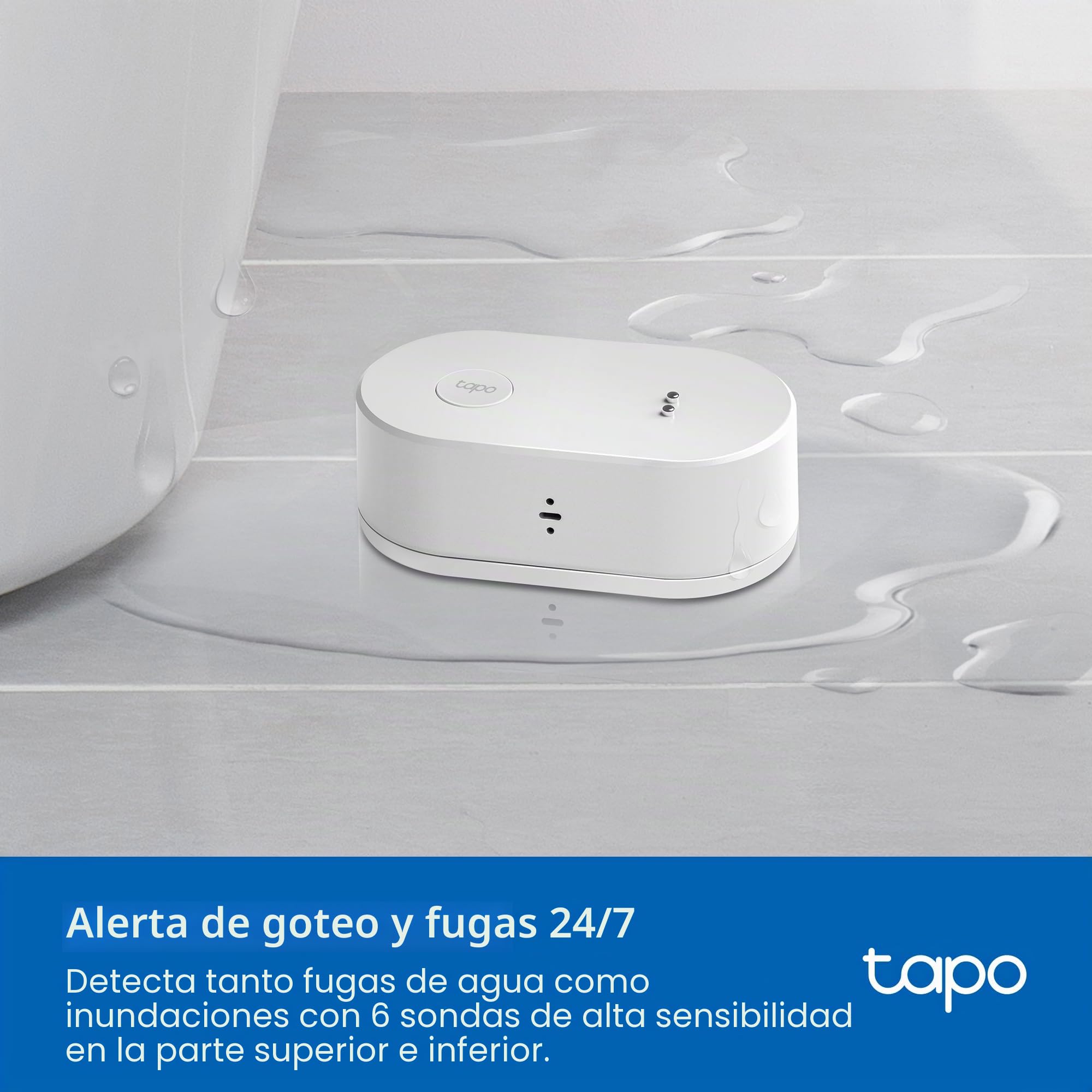 TP-Link Tapo Detector de Fugas de Agua Inteligente, Requiere concentrador Tapo y Sensor de Fugas de Agua Wi-FI con detección rápida de Gotas, Alarma Ajustable de 90 DB, alertas