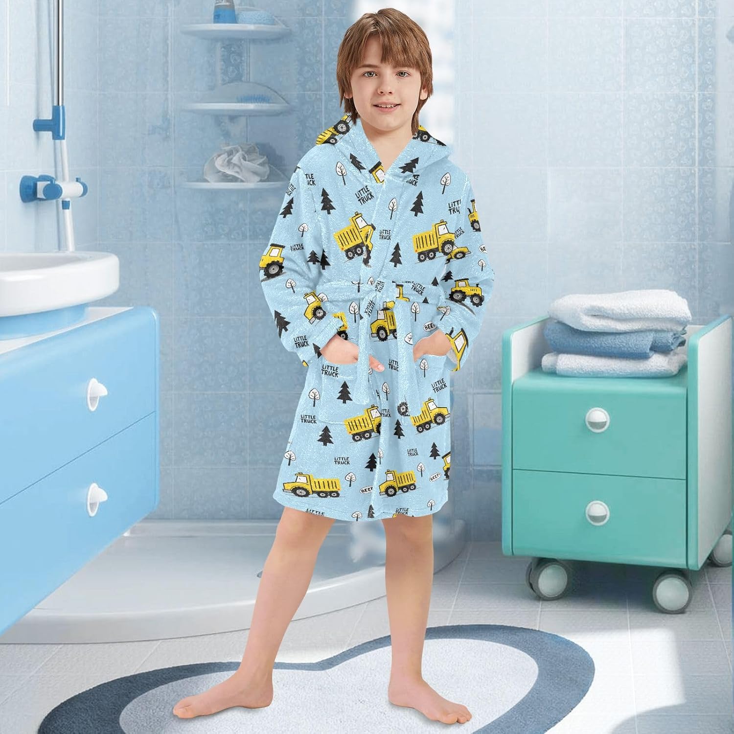 Cute Bluetruck Cartoon Pattern Toddler Hooded Bathrobe for Boys Girls Soft Plush Bath Towel Robe 2-12 Years