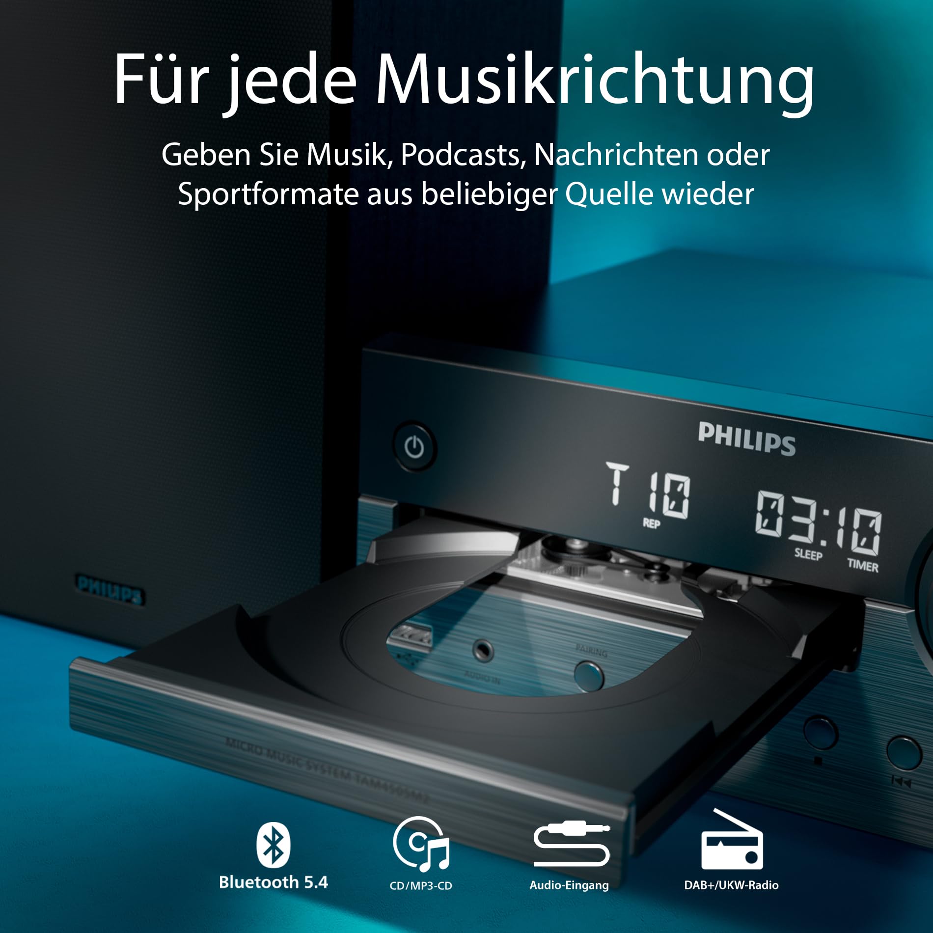 Philips TAM4555 Mikro-Hi-Fi-Anlage – 100 W, Bassreflex, DAB+/UKW, CD, USB, Audio-Eingang, Bluetooth 5.4, Auracast, Fernbedienung, digitale Soundvoreinstellungen, umweltfreundliche Verpackung